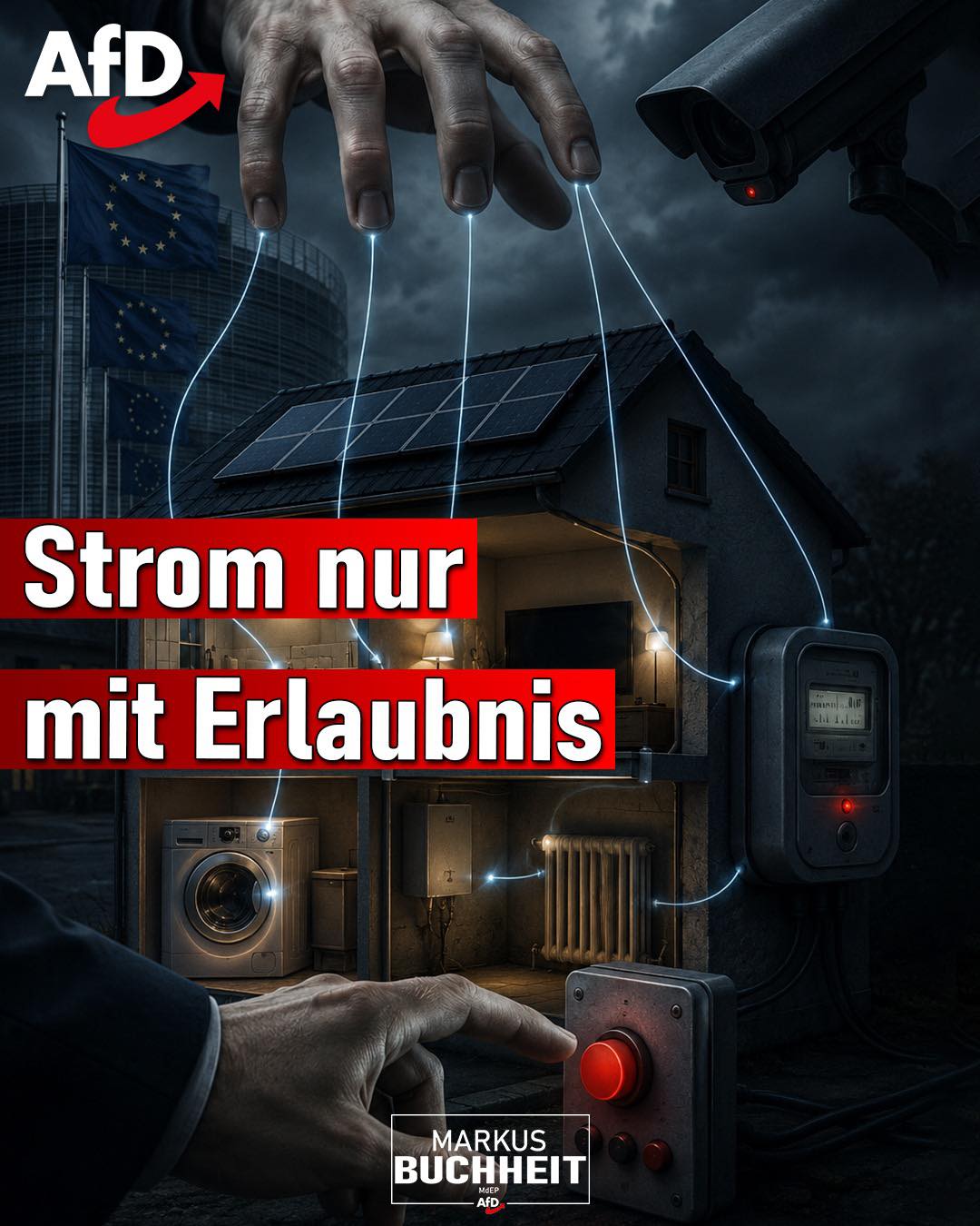 Brüssel plant flächendeckende Smart Meter, über die der Netzbetreiber Ihren Strom jederzeit drosseln oder abschalten kann. Kein Bitten, kein Animieren - wer nicht zur richtigen Zeit verbraucht, dem wird der Strom einfach gekappt. Kochen, nur wenn die Sonne scheint. Fernsehen schauen, nur wenn der Wind weht. Waschen, nur wenn es nicht bewölkt ist. Heizen, nur wenn Brüssel es erlaubt.
Haushalte sind eben einfacher zu kontrollieren, als eine ehrliche Energiepolitik zu machen. Jahrelang wurden Kraftwerke abgeschaltet, Kernkraft demontiert, Industrie vertrieben. Das Ergebnis: Energieknappheit als Dauerzustand – und die Lösung heißt Verbraucherzwang.
Wir sagen: Nein. Verlässliche Energie ist kein Luxus, sondern Grundlage freien Lebens. Kernkraft wieder ans Netz - sofort.