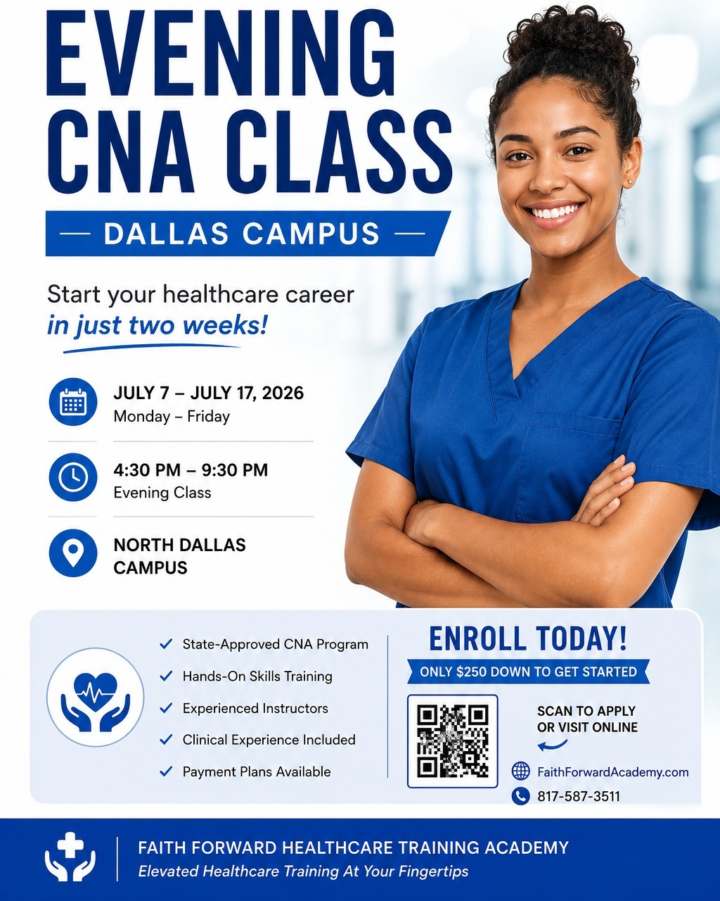 Still working your day job but ready for a career change?
Our Dallas Evening CNA Class is designed for busy schedules.
📍 Dallas Campus
📅 July 7–17
🕟 Monday–Friday | 4:30 PM–9:30 PM
✔️ Complete in just 2 weeks
✔️ State-approved CNA program
✔️ Hands-on training
✔️ Payment plans available
✔️ Only $250 down to get started
Stop waiting for the "perfect time"—your healthcare career can start this July.
Call 817-587-3511 or DM us to enroll.
#CNAClass #DallasTX #CNATraining #HealthcareCareer #CareerChange #EveningClasses #FaithForwardAcademy #DallasJobs