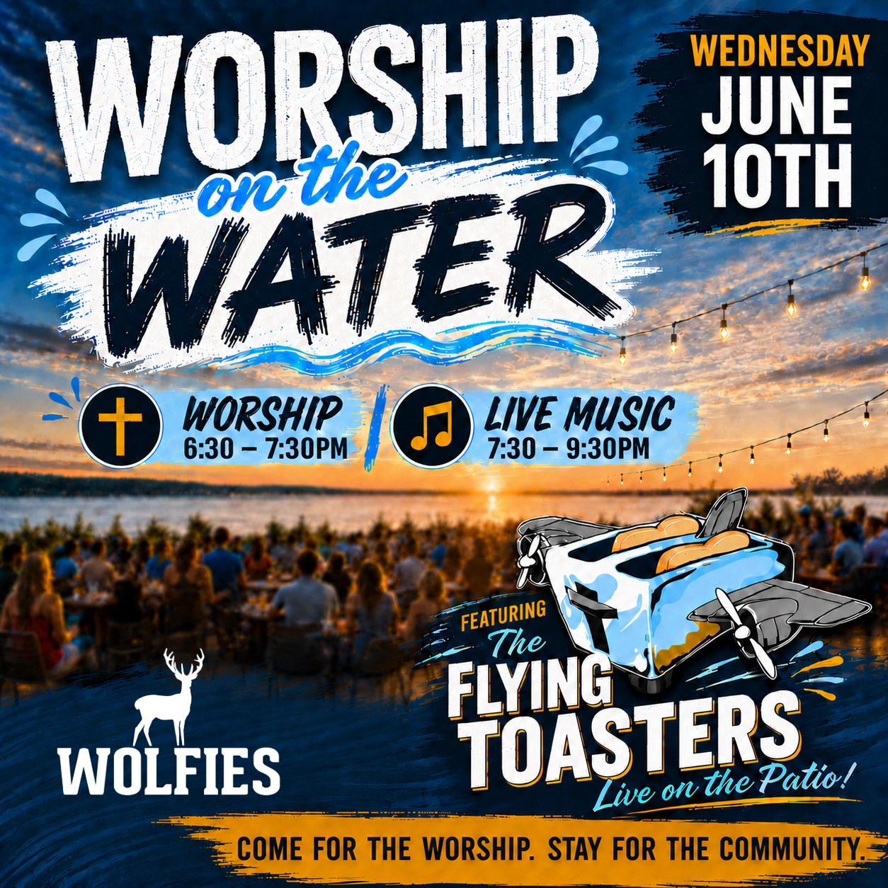 Worship on the Water is back Wednesday night at our Geist location!
Join us for worship from 6:30 to 7:30 PM, followed by live music from @theflyingtoasters from 7:30 to 9:30 PM.
Good music, lake views, cold drinks, and a night made for bringing people together.
#WolfiesGrill #WolfiesGeist #WorshipOnTheWater #GeistIndiana #LiveMusic #TheFlyingToasters #LakeViews #DrinkLocal #SupportLocal #SummerAtWolfies