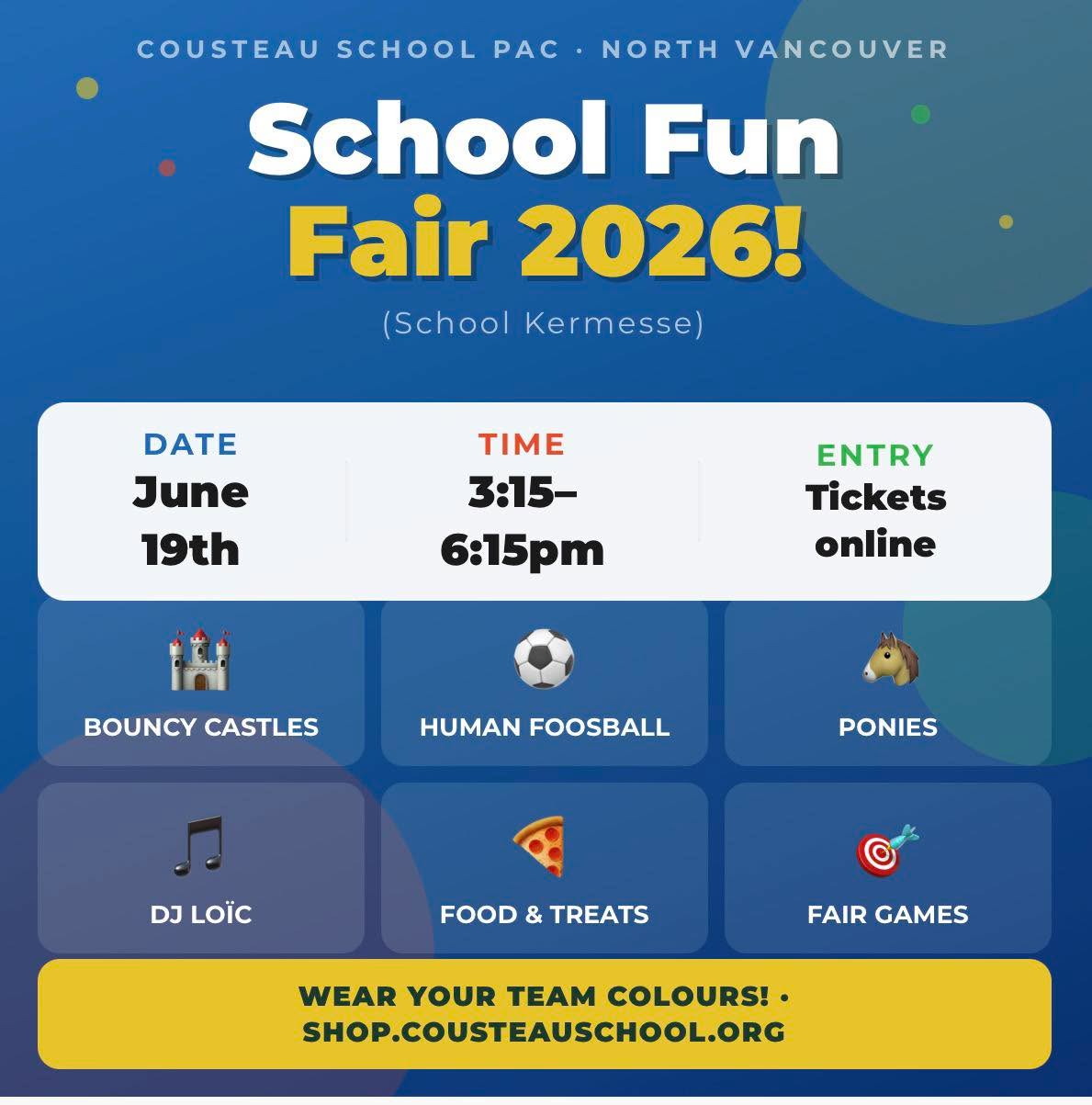This Friday! 🎉 Cousteau’s School is throwing an epic School Kermesse (school fair) and it’s open to everyone! Giant Human Foosball, bouncy castles, ponies, fair games, DJ Loïc and food. June 19th, 3:15–6:15pm. Wear your team colours!
Tickets at shop.cousteauschool.org — events link in bio 🔗
#northshorekids #northvancouver #kermesse #familyfun #kidsofvancouver #northshorebc #nskidsbc
Cousteau, l'école française internationale de Vancouver