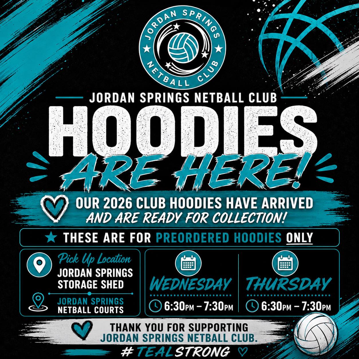 If you pre-ordered a hoodie - they are ready to collect. Please see an executive member at the courts for collection - see time and location below.
Canβt make the pickup times? Contact us via our socials and let us know :)