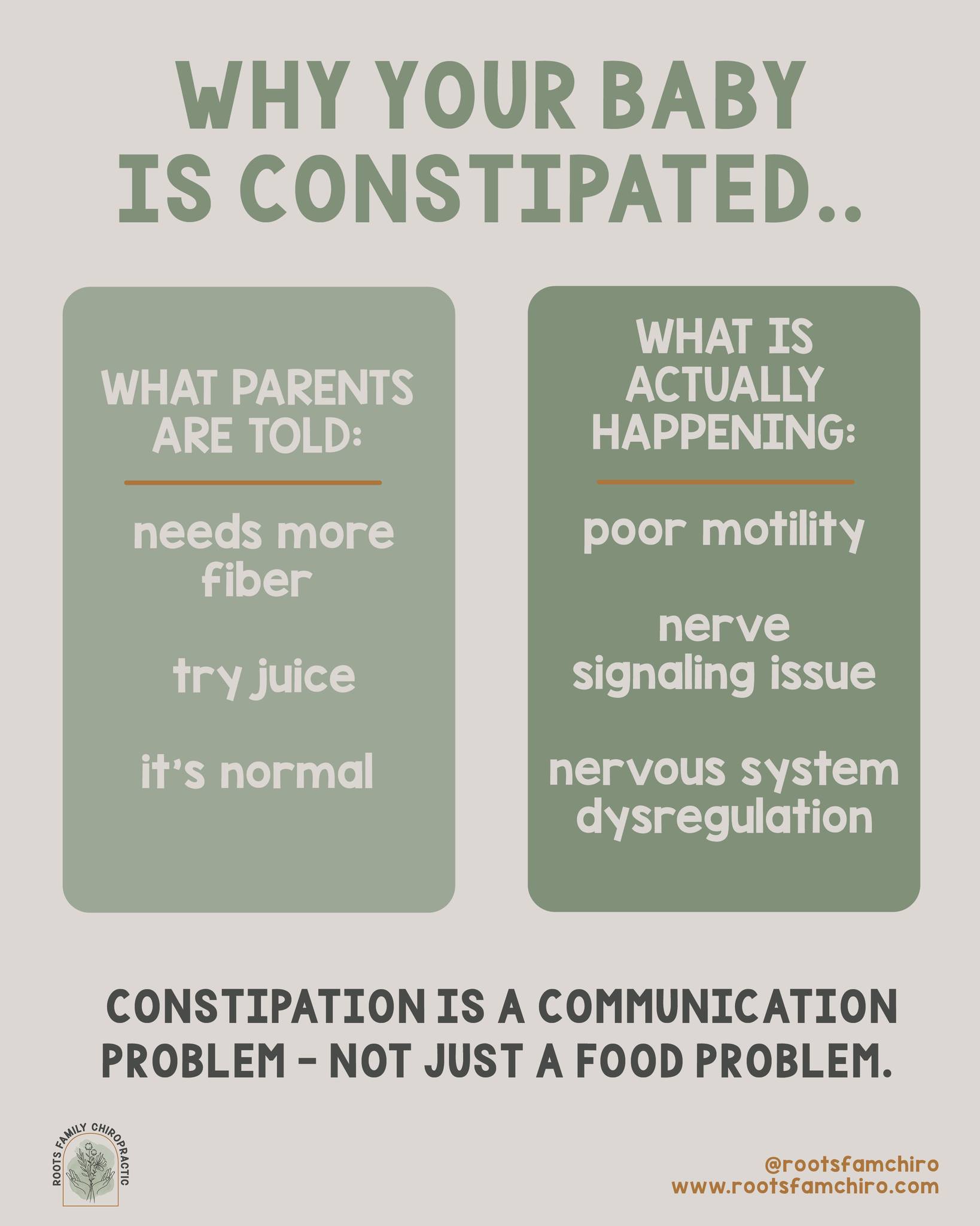 Most parents are told it’s a food issue… add fiber, give juice, wait it out.
But constipation is often a nervous system issue first.
When the brain and gut aren’t communicating well, motility slows down → and no amount of fiber fixes a signal problem.
Constipation isn’t just about what’s going in… it’s about how the body is functioning.
If your child is struggling, it’s worth looking deeper. We’re here to help!
#pxdocs #nervoussystem #pediatricchiropractic #babyconstipation #gutbrainconnection