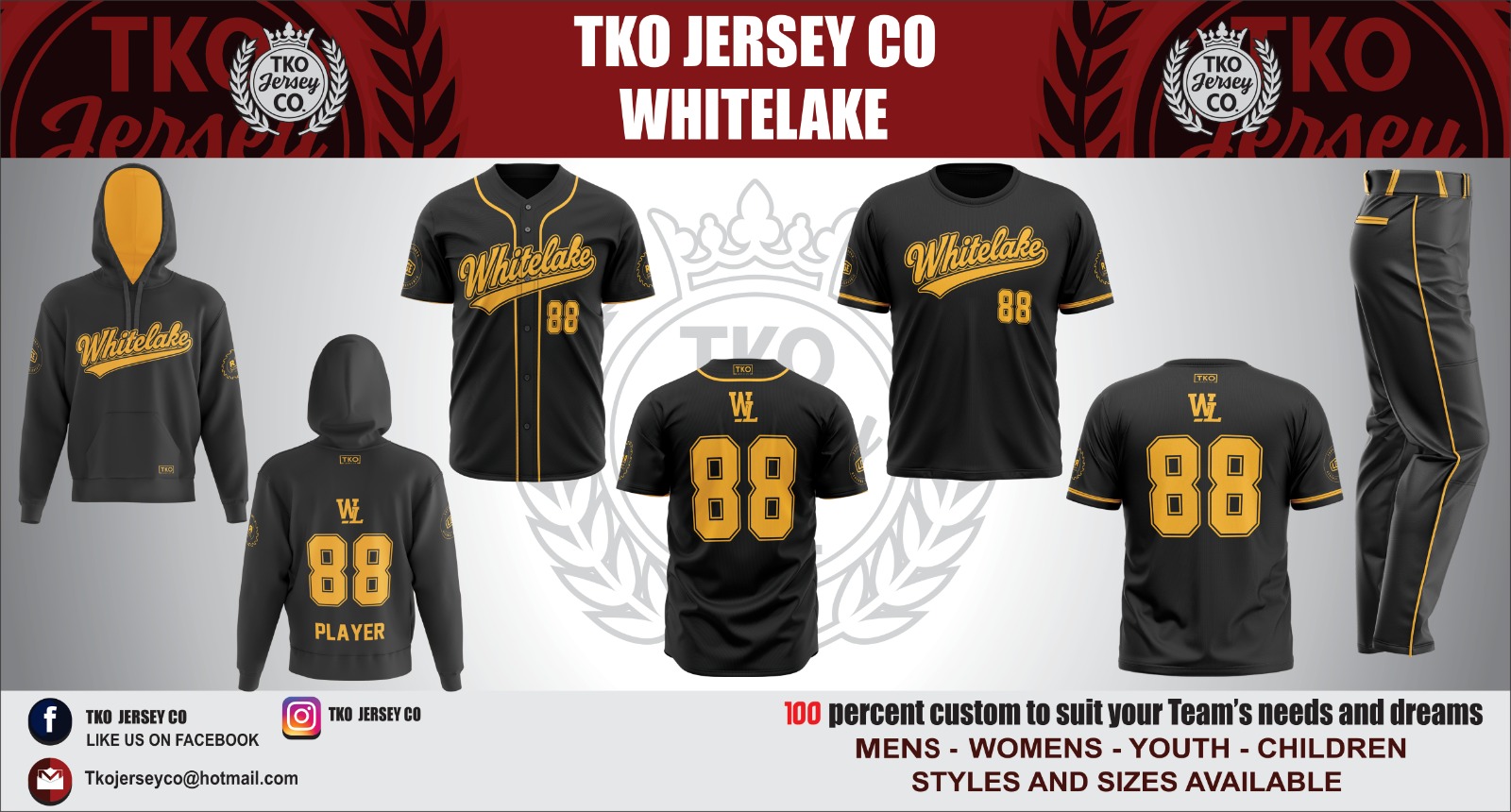 FRESH OFF THE PRESS.
Three new squads just got the TKO treatment:
Whitelake — black and gold full kit. Script font across the chest. Hoodie, button-up, tee, pants. The whole thing drips old-school baseball royalty.
All Fired Up — blue gradient from dark to light with a Hermans Holdings sponsor across the back. This team looks like they play on the edge of a glacier.
Caledon Nationals — navy and red with a Canadian flag patch. Long sleeves, tees, shorts. This is the kit your baseball association wishes they had.
Every single one is 100% custom. Your colours. Your name. Your style. DM us.