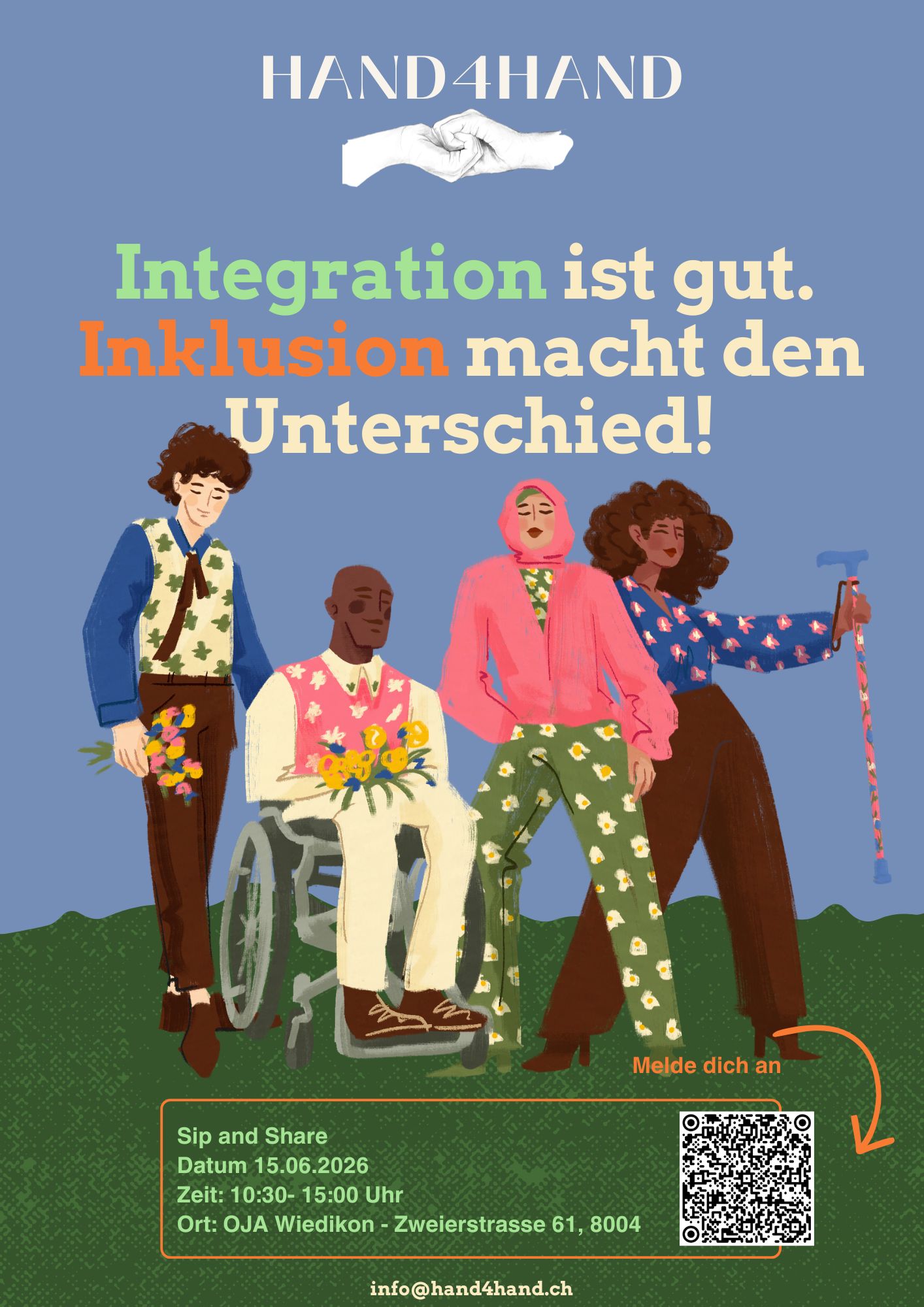Bei ETKultur unterstützen wir gerne Initiativen, die Menschen zusammenbringen und unsere Gemeinschaft stärken. Deshalb freuen wir uns, diese Einladung unserer Freunde von Hand4Hand mit euch zu teilen.
Sip & Share ist ein Treffen für Menschen mit Flucht- und Migrationserfahrung – ein Raum für Austausch, neue Begegnungen, Freundschaften und inspirierende Gespräche.
Die Teilnahme ist kostenlos. Für ein vegetarisches Mittagessen sowie Kaffee und Kuchen ist gesorgt.
📞 Anmeldung: 078 606 99 57
Wenn ihr jemanden kennt, der Interesse haben könnte, helft uns gerne dabei, diese Einladung weiterzuverbreiten. Gemeinsam schaffen wir eine stärkere, offenere und einladendere Gemeinschaft.
___
At ETKultur, we love supporting initiatives that bring people together and strengthen our community. That's why we're happy to share this invitation from our friends at Hand4Hand.
Sip & Share is a gathering for people with migration and refugee backgrounds — a space to connect, exchange experiences, build new friendships and enjoy meaningful conversations.
Participation is free, and vegetarian lunch, coffee and cake will be provided.
📞 Registration: 078 606 99 57
If you know someone who might benefit from this opportunity, please help us spread the word. Together, we create stronger, more welcoming communities.
____
En ETKultur nos encanta apoyar iniciativas que reúnen a las personas y fortalecen nuestra comunidad. Por eso nos alegra compartir esta invitación de nuestros amigos de Hand4Hand.
Sip & Share es un encuentro para personas con antecedentes migratorios o experiencia de refugio: un espacio para conectar, intercambiar experiencias, crear nuevas amistades y disfrutar de conversaciones significativas.
La participación es gratuita e incluye almuerzo vegetariano, café y pastel.
📞 Inscripciones: 078 606 99 57
Si conoces a alguien que pueda beneficiarse de esta oportunidad, ayúdanos a compartirla. Juntos construimos comunidades más fuertes, inclusivas y acogedoras.
#ETKultur #Hand4Hand #networking #integrationstadtzürich
