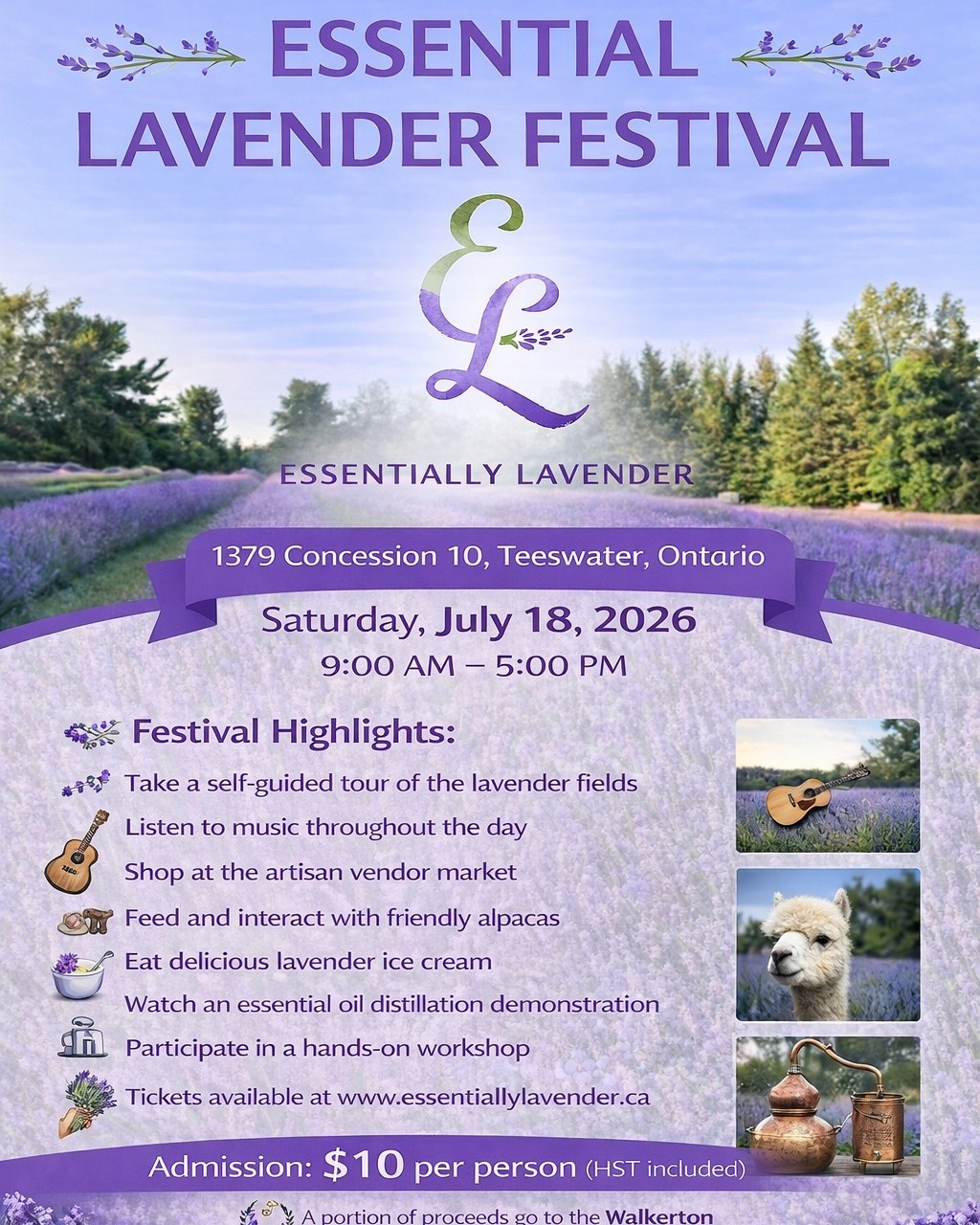 The Essential Lavender Festival is only one month away! Join us for a list of lavender and farm related activities from touring the lavender fields, listing to some local musicians, shopping at the artisan vendor market, feeding the alpaca, eating delicious lavender ice cream, watching an essential oil distillation demonstration and participating in a workshop. This is a peaceful lavender farm tucked away in Southern Bruce County.
#lavenderfestival #tours #music #vendormarket #alpaca #lavendericecream #essentialoildistillation #workshops #explorethebruce #brucegreysimcoe #ruralgardensofgreyandbrucecounties #ruralgardensofgreybruce #lavenderontario #teeswater #walkertonanddistricthospitalfoundation #southbrucecommunitybusinessassociation #walkerton #kincardine #wingham #lucknow #riply #southampton #portelgin