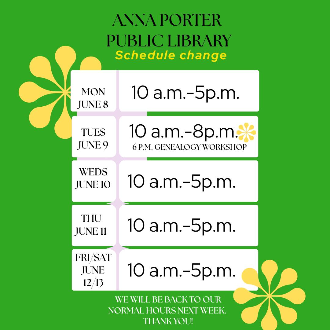 Good morning! Our hours will be a little different this week. We will be back to our normal hours next week. Thank you!
#annaporterpubliclibrary #gatlinburg #seviercounty #CosbyTN