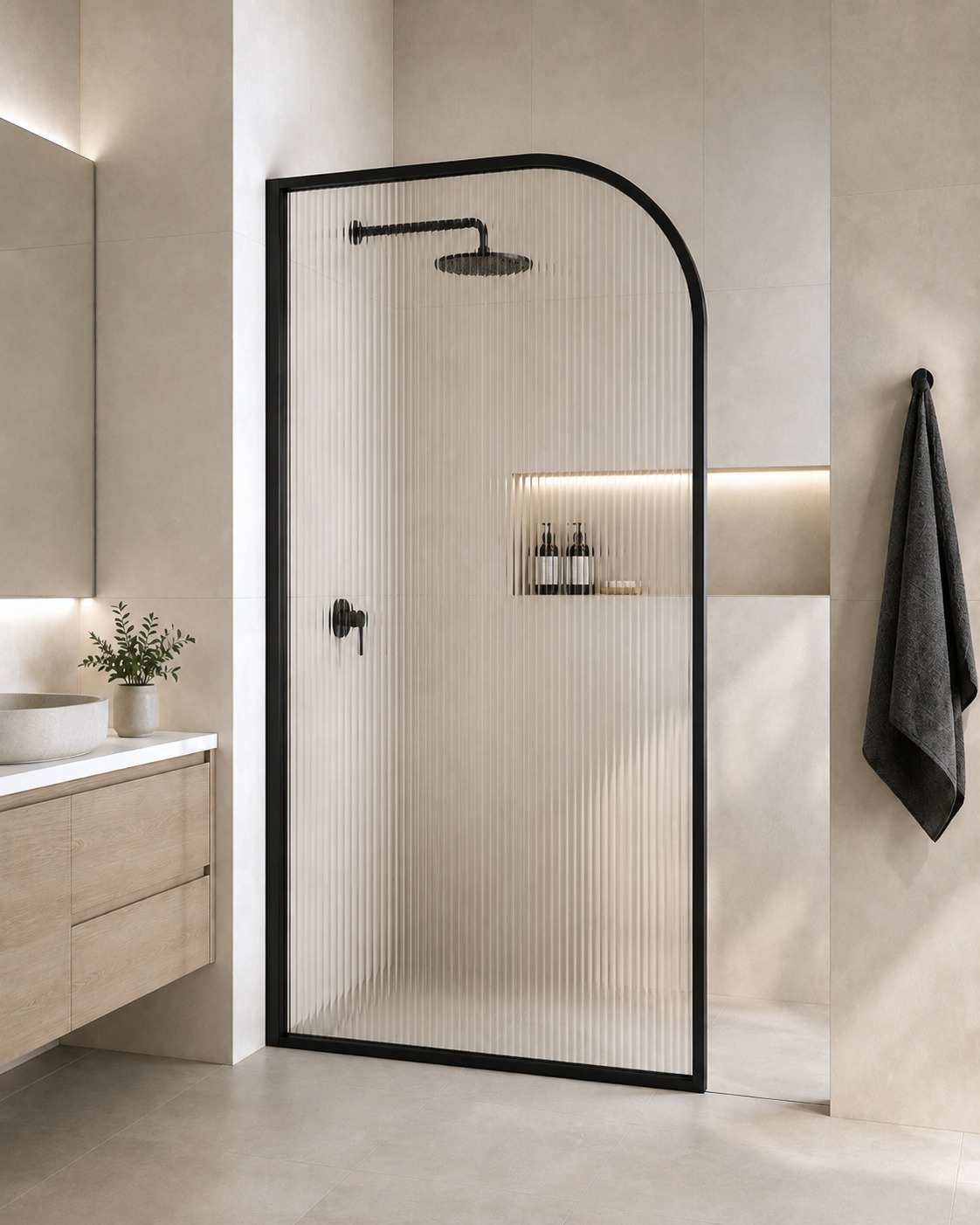 Meet the Yarra Curved Framed Shower Panel — a modern bathroom feature designed to keep things clean, simple and stylish. With its soft curved corner, fluted glass and slim framed profile, the Yarra brings just the right mix of privacy, texture and contemporary detail to your space.
Available in Matt Black or Satin Brass, it’s an easy way to create a more open, refined bathroom without overcomplicating the design.
- 8mm narrow reeded toughened glass
- 500mm radius curved corner
- Slim 20mm x 15mm frame profile
- Available in Matt Black or Satin Brass
- Designed to AS1288 glazing standards
- Perfect for modern DIY bathroom projects
#MelbourneShowerScreensOnline #FlutedGlass #BathroomDesign