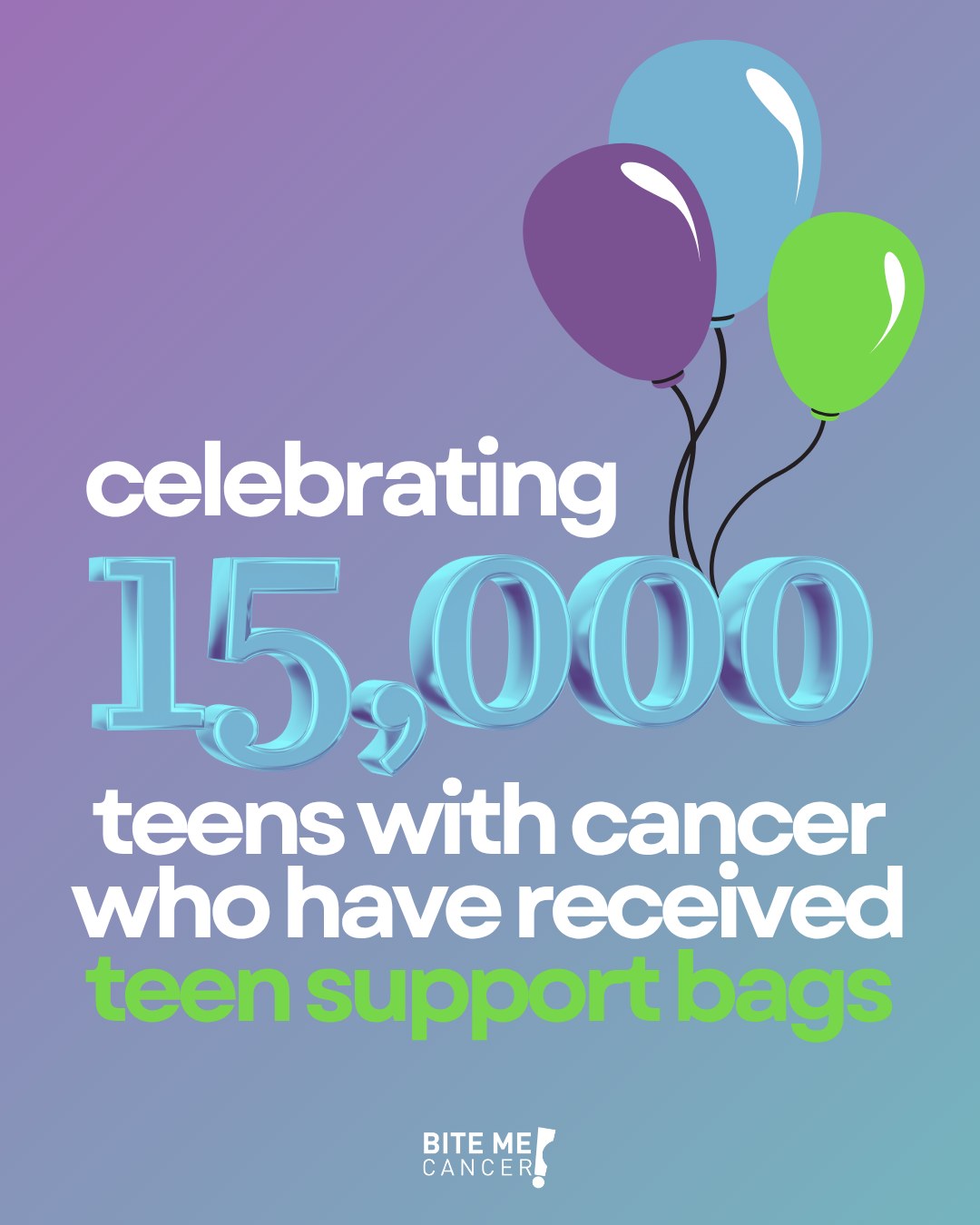 15,000 Teen Support Bags delivered! 💚
While we never celebrate a cancer diagnosis, we do celebrate the strength of teens facing cancer with unique challenges and the community that stands beside them.
Since 2010, Bite Me Cancer has been supporting teens through some of the toughest moments of their lives. Recently, we reached an incredible milestone by distributing our 15,000th Teen Support Bag!
A huge thank you to our founder, Nikki, whose cancer diagnosis at age 17 inspired a mission that has now impacted thousands of teens nationwide. And thank you to our amazing volunteers, donors, and supporters who have helped make every single bag possible. We couldn't do it without you! 💚💚