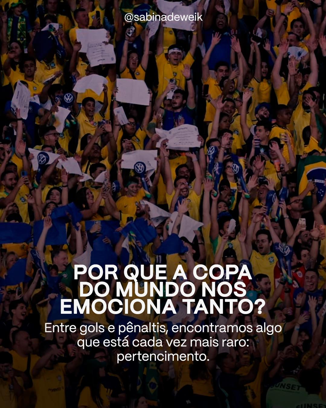 A Copa do Mundo é um fenômeno esportivo, mas também psicológico, social e cultural. ⚽
Em um momento global marcado por solidão, hiperconectividade e fragmentação da atenção, ela cria algo raro: uma experiência coletiva que fortalece vínculos, produz pertencimento e suspende, ainda que temporariamente, o peso do cotidiano.
Talvez seja por isso que lembramos onde estávamos em determinados gols (como esquecer o 7x1?), com quem assistimos certos jogos e como nos sentíamos em cada Copa.
E, especialmente em um momento em que o mundo inteiro parece querer aprender algo com o Brasil, mostramos que a Copa é capaz de produzir uma matéria-prima raríssima: identidade compartilhada.
Qual a memória de Copa que continua viva na sua lembrança até hoje? 💛
#SabinaDeweik #pertencimento #copadomundo