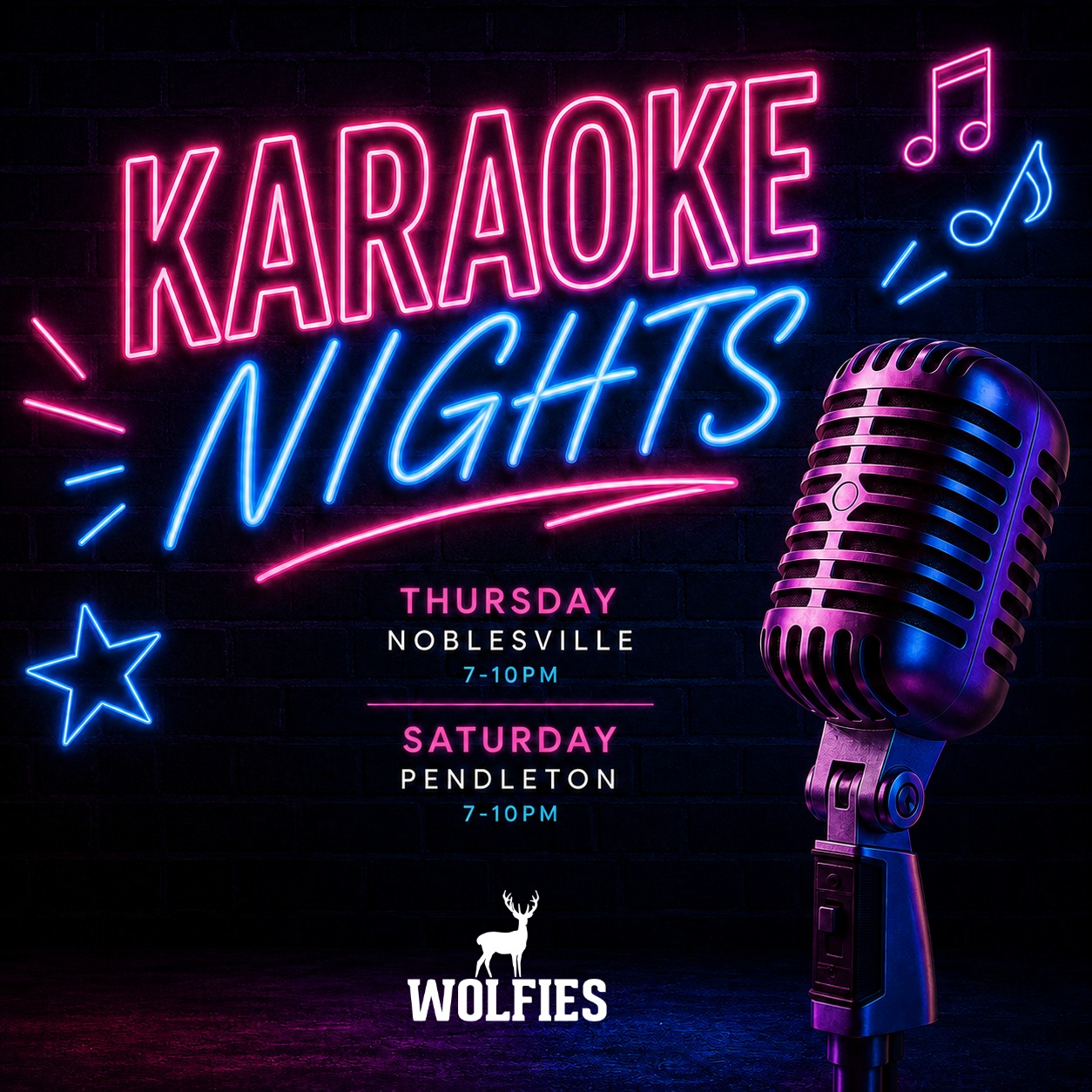 Some people know all the words. Some people become the show.
Find out which one you are at Karaoke Nights all summer long in Noblesville and Pendleton. Grab the mic, grab a drink, and make it a night.
#WolfiesGrill #KaraokeNight #SummerFun #NoblesvilleIN #PendletonIN #LiveEntertainment #SingYourHeartOut #WeekendVibes #NightOut #GoodTimes #WolfiesEvents #SummerNights #GrabTheMic