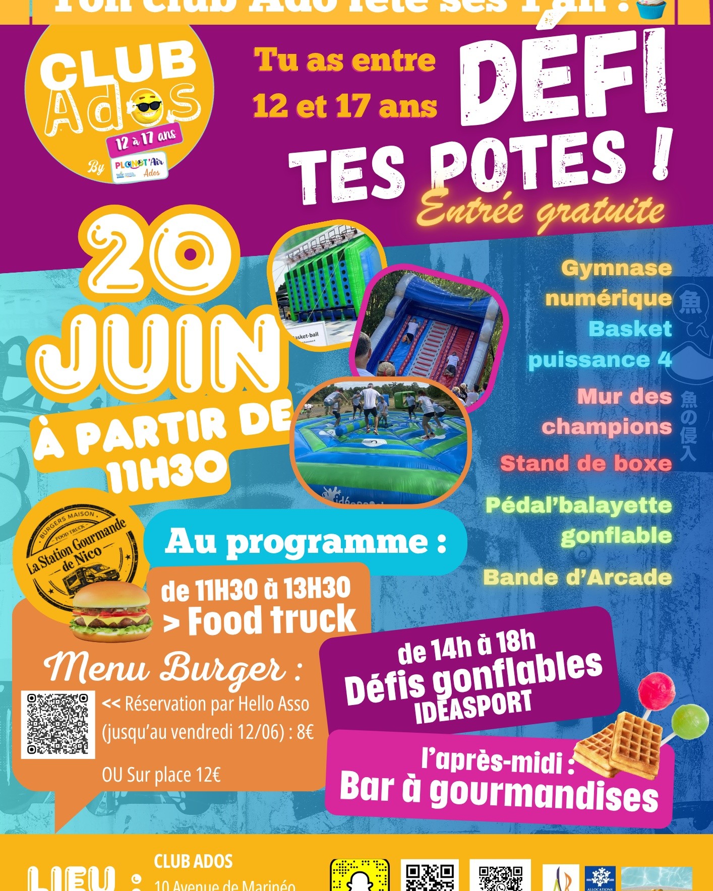 Le Club Ados Planet'Air fête sa première année… et tu es invité !
Déjà un an que l'aventure Club Ados a commencé. Pour l'occasion, nous te donnons rendez-vous le 20 juin à partir de 11h30 pour une journée placée sous le signe du défi, du partage et de la bonne humeur.
Si tu as entre 12 et 17 ans, viens découvrir ou redécouvrir ton Club Ados et profite d'un après-midi rempli d'animations gratuites avec tes amis.
Au programme :
Food truck de 11h30 à 13h30
Défis gonflables avec Idéasport de 14h à 18h
Gymnase numérique
Basket puissance 4
Mur des champions
Stand de boxe
Pédal'balayette gonflable
Borne d'arcade
Bar à gourmandises tout l'après-midi
Que tu fréquentes déjà le Club Ados ou que tu souhaites le découvrir, cette journée est faite pour toi.
Rendez-vous au Club Ados Planet'Air, 10 avenue de Marinéo à Sainte-Sigolène.
Viens relever les défis, partager un bon moment entre amis et célébrer avec nous cette première année d'aventure. Nous t'attendons nombreux !