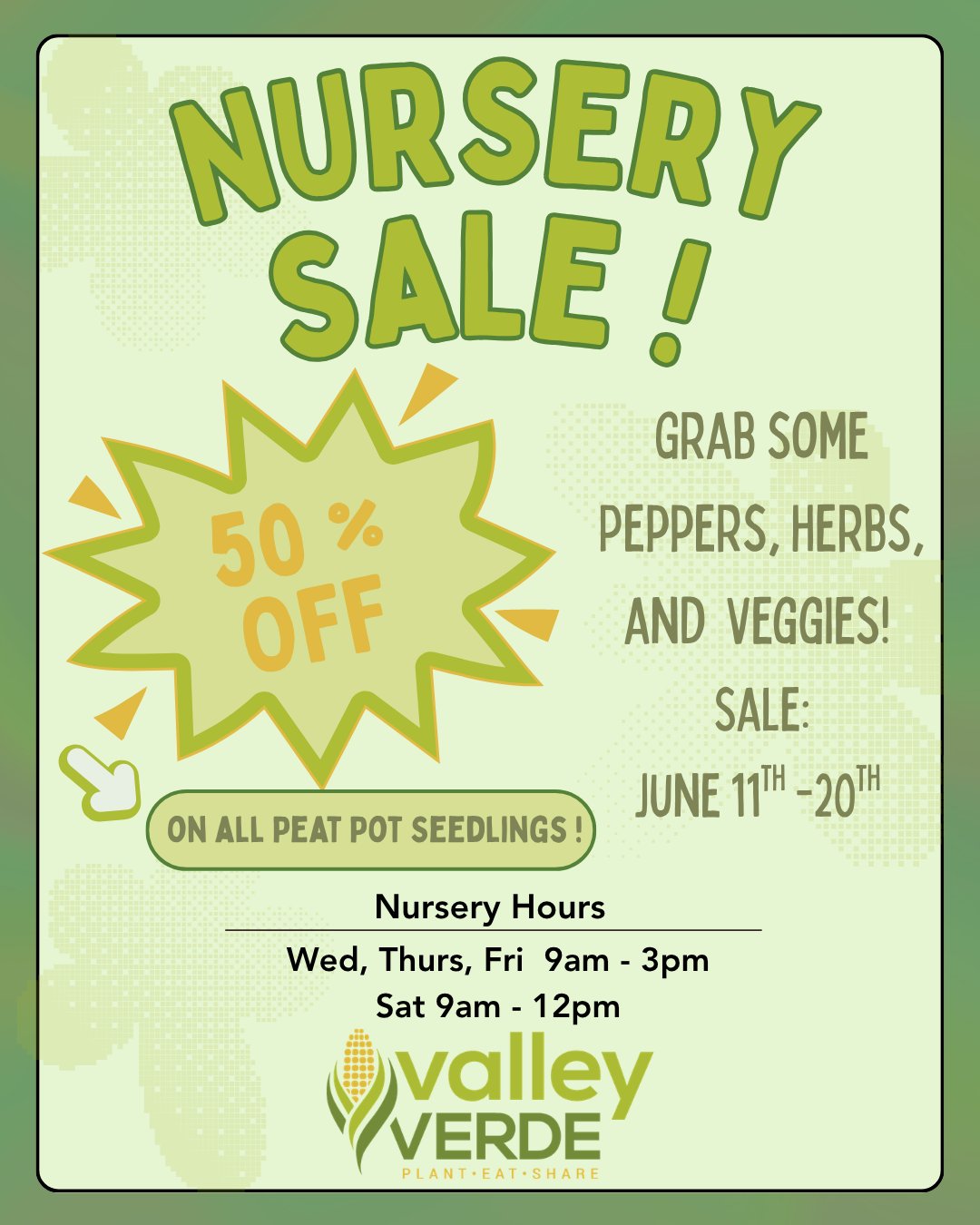 Come by our nursery and find 50% off on all peat pot seedlings! 🪴Sale runs June 11th-20th. Open Wednesday-Friday from 9am-3pm and Saturday 9am-12pm. Grab some peppers, herbs, and a variety of veggies. 🍅🌶️
📍691 W San Carlos St, San Jose, CA 95126
#valleyverde #shoplocal #organicgardening