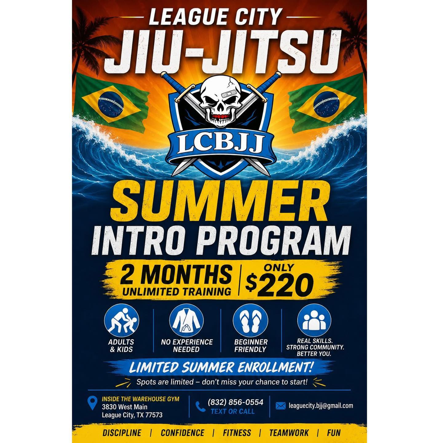 School’s out. Time to learn something that lasts a lifetime.
☀️ Looking for something new this summer?
Our Summer Intro Program is the perfect way to get started in Brazilian Jiu-Jitsu!
🥋 2 Months of Unlimited Training
💥 Adults & Kids Welcome
💥 No Experience Needed
💥 Beginner Friendly
💥 Build Confidence, Fitness, and Real-World Skills
For just $220, you’ll get the chance to train in a supportive, family-friendly environment and see why so many people fall in love with jiu-jitsu.
⚠️ Limited summer enrollment available!
Message us, text , or stop by the gym to reserve your spot before they’re gone.
📍 League City Jiu-Jitsu
Inside The Warehouse Gym
3830 W Main St
League City, TX
📞 (832) 856-0554
Tag a friend who’s been talking about trying jiu-jitsu! 👇
#LeagueCityJiuJitsu #BJJ #BrazilianJiuJitsu #LeagueCityTX #KidsJiuJitsu #AdultJiuJitsu #SummerProgram #BeginnerFriendl