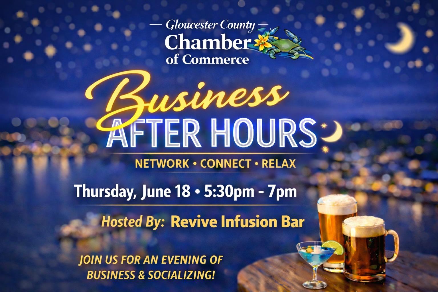 ✨ Unwind, Connect, and Grow Your Network! ✨🌙
After a long day at work, there's no better way to spend your evening than connecting with fellow business professionals at our next Business After Hours!
Join us on Thursday, June 18 from 5:30 PM - 7:00 PM as we gather at Revive Infusion Bar for an evening of networking, great conversations, and community connections.
🤝 Meet local business leaders
🍹 Explore one of Gloucester's unique local businesses
💼 Build relationships that can help your business grow
😊 Relax and enjoy a fun, welcoming atmosphere
Whether you're a longtime Chamber member or attending for the first time, Business After Hours is one of the best ways to strengthen your network and stay connected to the local business community.
Bring your business cards, invite a colleague, and come see why these events are one of our members' favorites!
📍 Hosted by Revive Infusion Bar
📅 Thursday, June 18
⏰ 5:30 PM – 7:00 PM
RSPV: https://www.gloucestervachamber.org/event-details/business-after-hours-10
Great connections start with a simple conversation. We hope to see you there!
#GloucesterCountyChamber #BusinessAfterHours #Networking #SupportLocalBusiness #GloucesterVA #ConnectGrowThrive #ChamberNetworking #ReviveInfusionBar #ShopLocal #BusinessCommunity