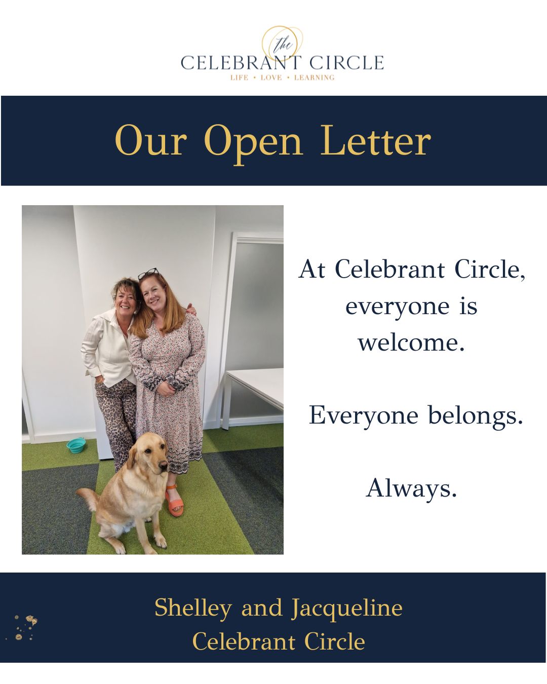 At Celebrant Circle, we know that for many of our LGBTQIA+ members, colleagues, friends and communities, the world can feel particularly heavy right now.
While Pride Month shines an important spotlight on visibility and celebration, our support doesn’t begin on 1st June and end on 30th June.
We don’t believe in pridewashing.
We believe in standing alongside people every single day of the year.
We believe that everyone deserves to feel safe, valued, respected and welcomed exactly as they are.
We believe in creating spaces where people can learn, grow, work and belong without having to justify who they are.
We believe in listening, learning, advocating and speaking up when it matters.
To our LGBTQIA+ community, including our trans, non-binary and gender-diverse friends and colleagues: we see you, we support you and we will continue to stand beside you.
Not just during Pride Month.
Not when it’s convenient.
Not when it’s popular.
Always.
Because allyship isn’t a campaign.
It’s a commitment.
We also recognise that many people, for many different reasons, may be carrying a sense of uncertainty, exclusion or fear right now. Whilst today we particularly acknowledge and celebrate our LGBTQIA+ community, our commitment to kindness, dignity, inclusion and respect extends to everyone. We will always strive to create spaces where people feel heard, valued and welcome, and where differences are not simply accepted but celebrated.
At Celebrant Circle, everyone is welcome. Everyone belongs. Always.
🧡💙 🏳️🌈🏳️⚧️
Shelley and Jacqueline
ID Jacqueline and Shelley smiling at the camera, with Stevie the guide dog.
#celebrantsupport
#celebrantadvocate
#celebrantsuppor
#celebrantinclusivity