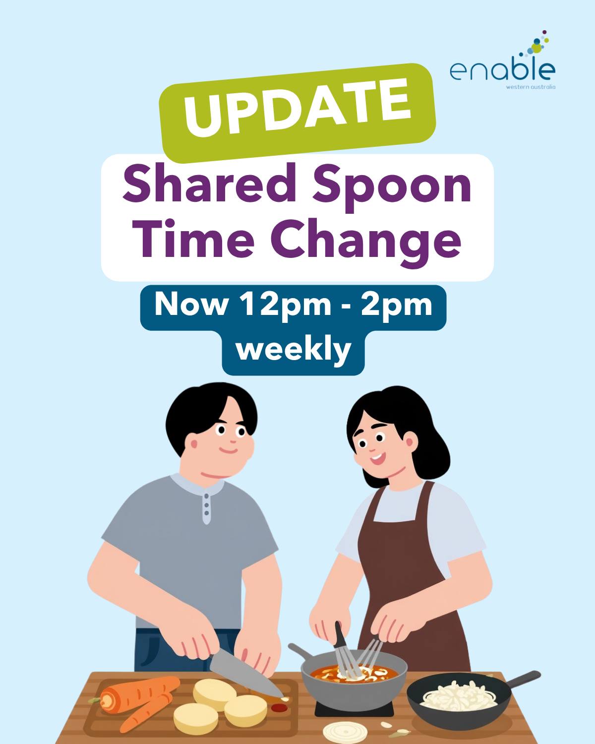 ⭐️ UPDATE: Time change for Shared Spoon cooking classes ⭐️
Please note that Shared Spoon will be starting a bit earlier in the day from now on! We'll be kicking off from 12 - 2, instead of 12:30 - 2:30.
Next week we're cooking..... FRIED RICE! 🍚 Delicious!
📅 When: Tuesday 16th June 2026
📍 Where: Waratah Community Church - 748 Old Coast Road, Wannanup
⏰ Time: 12:00pm – 2:00pm
💲 Cost: $5
🥡 Want leftovers? Bring a container and take some home!
📝 Please RSVP by Monday to your Coordinator
👉 Don’t forget to let us know about any allergies or dietary requirements.
Come ready to chop, stir, cook, laugh, and enjoy some delicious homemade fried rice together!
#NDISAustralia #DisabilityWA #AlliedHealth #SupportWork #SupportWorkers #ServiceCoordination #NDISPlans #SpeechPathology #SpeechTherapy #NDIS #OccupationalTherapy #OccupationalTherapists #PBS #PositiveBehaviourSupport #EnableWA