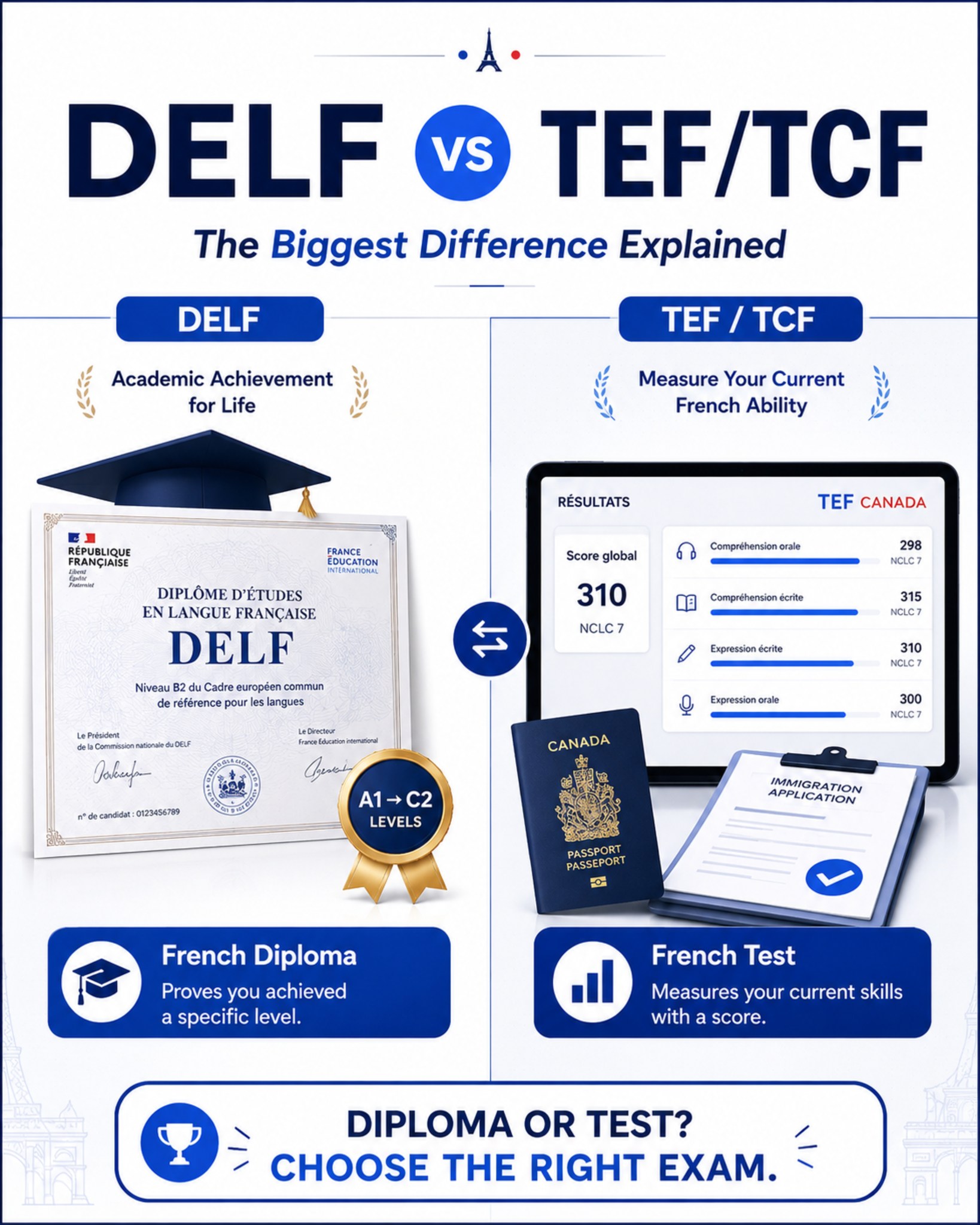 Choosing the right French exam starts with understanding your goal. 🇫🇷
Many learners compare **DELF vs TEF/TCF** thinking they are just different versions of the same test — but they serve different purposes.
📘 **DELF** = A French diploma that proves you achieved a specific level.
📊 **TEF/TCF** = A language assessment that measures your current ability through scores.
Before registering, ask yourself:
✅ Do I need a permanent French qualification?
✅ Am I applying for immigration or official language proof?
✅ Do I need a certificate or a current score?
The right exam depends on your destination, career plans, and learning goals.
**Your French journey needs the right strategy — not just more practice.**
#french #learningfrench #SpeakFrench #languagelearning #frenchclass #francais #language #francophile #learnfrench #france #visa #canada #studyincanada #studyvisa #explorecanada #canadavisa #canadalife