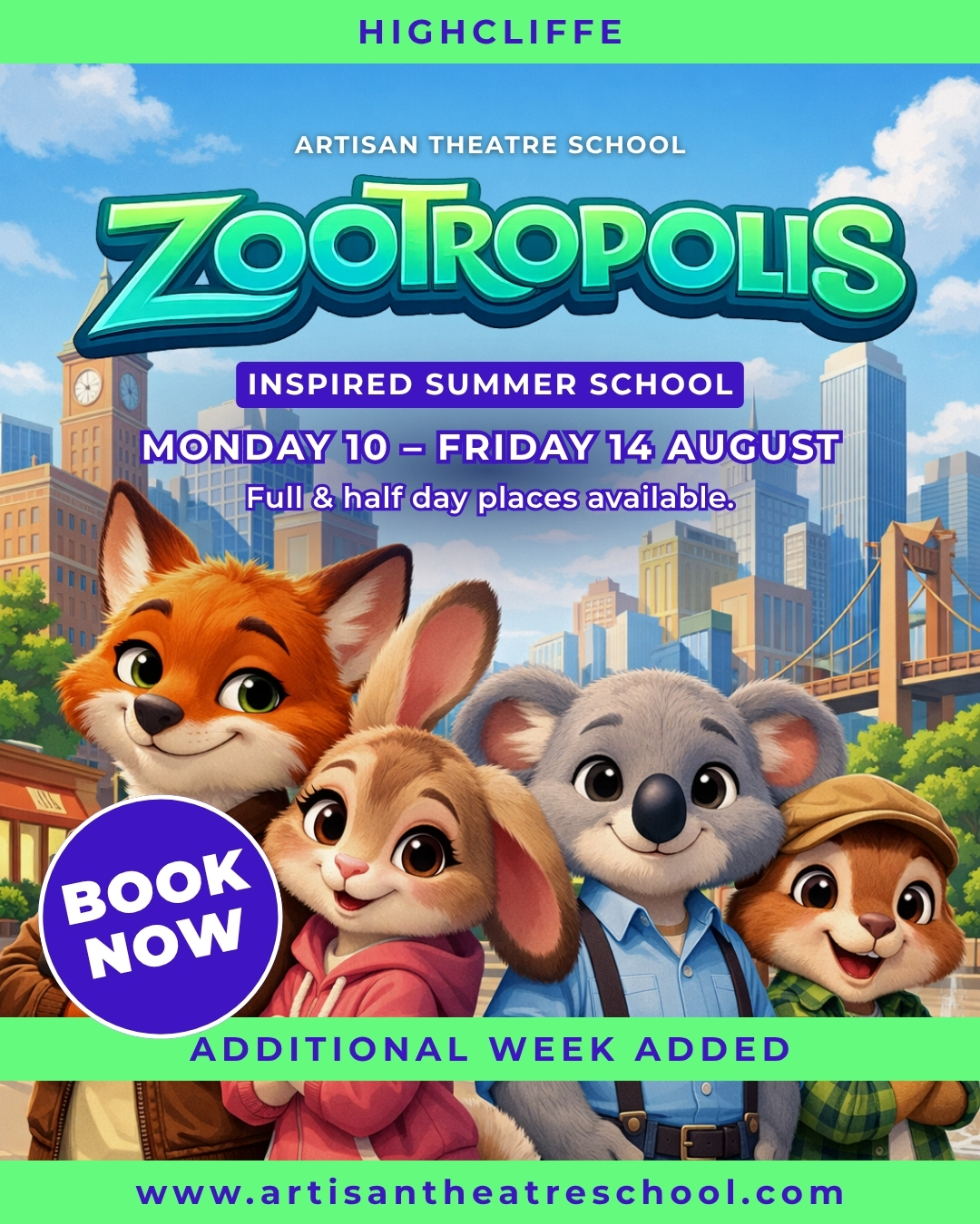 🐾✨ BACK BY POPULAR DEMAND! ✨🐾
Due to the incredible response to our first week, we’re delighted to announce a SECOND week of our Zootropolis Summer School!
🗓️ Monday 10 August - Friday 14 August
Join us for five action-packed days of dance, drama, creativity, and confidence-building fun at our Zootropolis themed Artisan Summer School.
Step into a vibrant city where animals chase their dreams, solve problems, and bring stories to life - all while building confidence, making friends, and having an unforgettable time.
✨ What your child will experience:
• Fun, high-energy choreography
• Drama, role play, and storytelling
• Character creation and performance skills
• Confidence-building through teamwork
• A supportive, feel-good environment
🎬 The week finishes with a mini performance showcase where children can shine and celebrate everything they’ve learned.
📍 Location
Highcliffe
⏰ Session Options
Full Day: 9.00am - 4.00pm (£30)
Half Day: 9.00am - 12.00pm (£20)
(Prices are inclusive of early bird discount)
Children can attend individual days or enjoy the full week.
⭐ Already booked onto our first Zootropolis Summer School? Children are very welcome to attend BOTH weeks for even more fun, creativity, and confidence-building adventures!
🎟 EARLY BIRD OFFER 🎟
Save when you book by the end of June 2026
Option to pay £25 deposit to hold space and balance until end of June.
(Limited spaces available)
👧 Who it’s for:
• Primary to early secondary age
• No experience needed
• Perfect for confident children AND those who would benefit from a confidence boost
💛 Spaces are limited and our summer schools always fill quickly.
📩 To book, email:
admin@artisantheatreschool.com
🐰🦊 Don’t miss your chance to join the adventure!