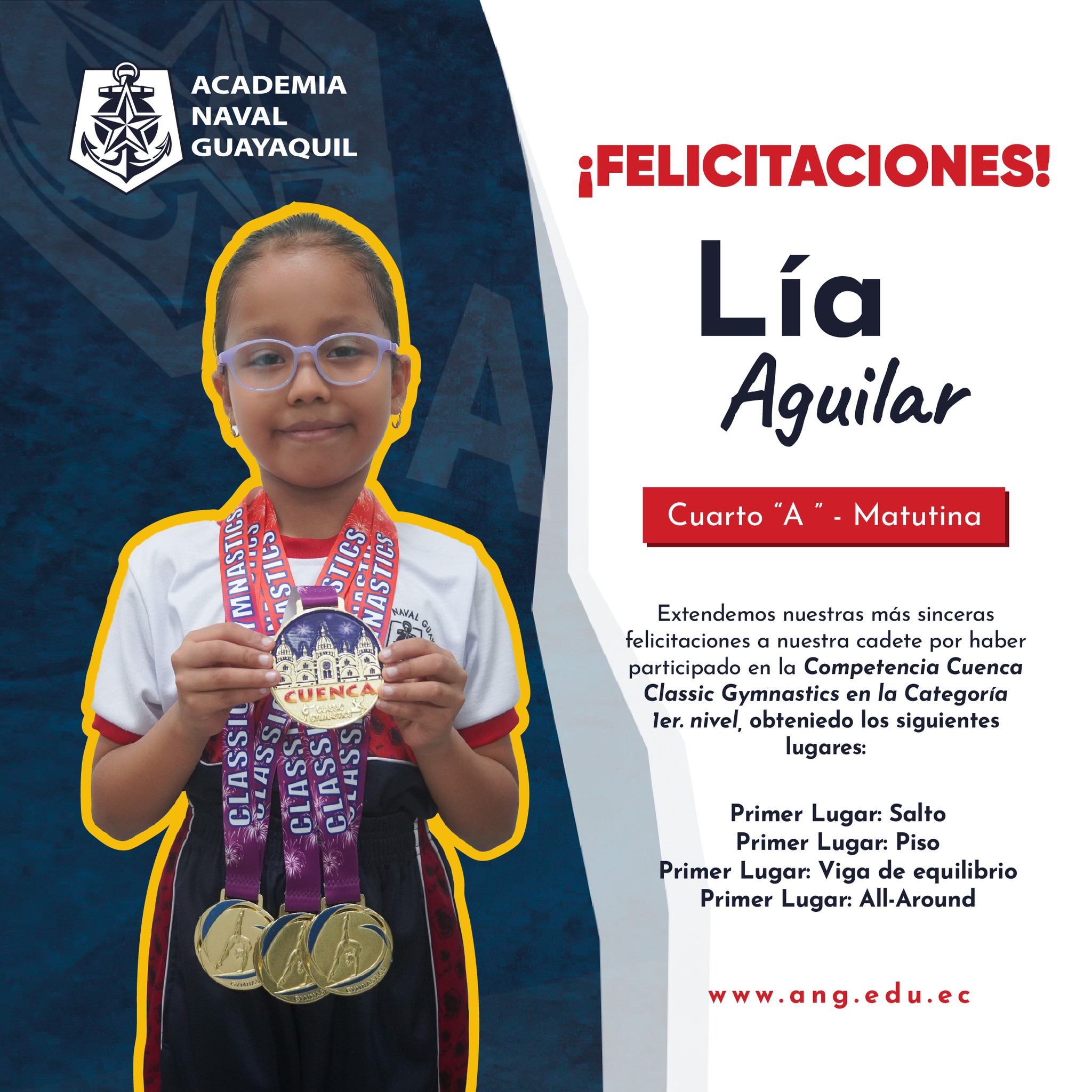 🏅Felicitamos a nuestras destacadas cadetes Lia y Gianella ✨
Nuestras cadetes participaron en la competencia Cuenca Classic Gymnastics, realizada en la ciudad de Cuenca, donde demostraron su talento, disciplina y preparación en cada una de sus categorías, alcanzando importantes logros y destacadas participaciones.
Cada medalla, reconocimiento y resultado obtenido es fruto de su esfuerzo constante, perseverancia y compromiso con la excelencia deportiva. Su desempeño refleja los valores que promovemos día a día y constituye un ejemplo para toda nuestra comunidad educativa.
👏 ¡Felicitaciones, Lia y Gianella, por este importante logro! Les deseamos muchos más éxitos en su trayectoria deportiva.
Inteligencia, Corazón y Disciplina. 💙⚓🤸♀️
#OrgulloANG #GimnasiaArtística #CuencaClassicGymnastics #TalentoANG #DisciplinaQueTransforma #InteligenciaCorazónYDisciplina #LogrosANG 🏆✨