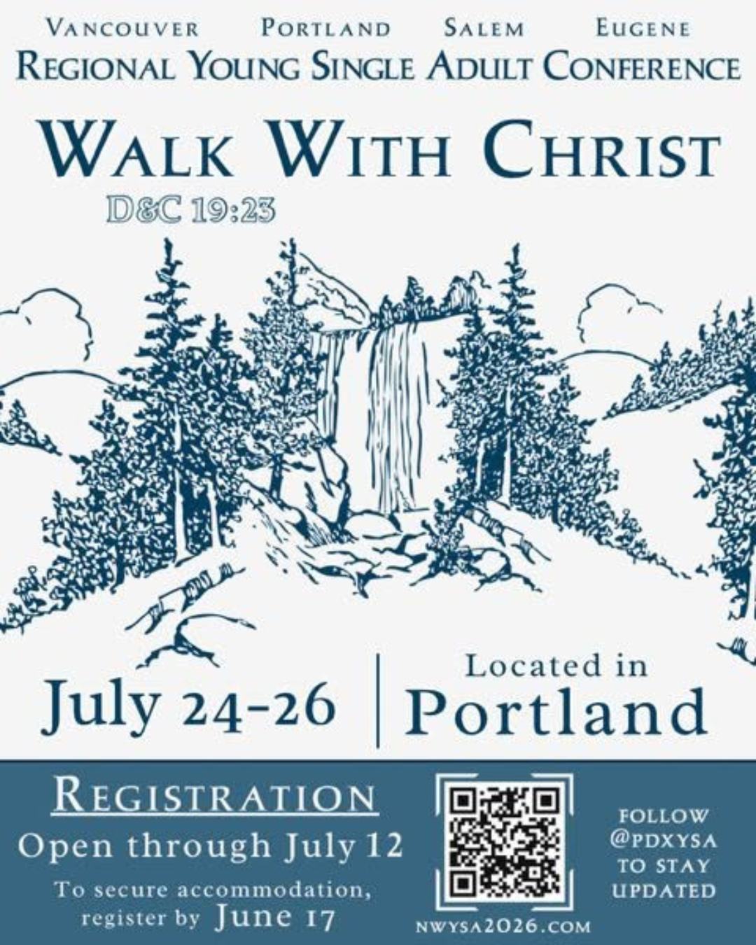 Ready for an unforgettable weekend?
Join hundreds of Young Single Adults from Salem, Portland, Eugene, Vancouver, and surrounding areas at the 2026 Northwest YSA Conference!
This is your chance to make new friends, strengthen your faith, participate in inspiring workshops and fun activities, and connect with other YSAs from across the region.
Registration is open from March 29 through July 12.
Register today at nwysa2026.com
@followers
