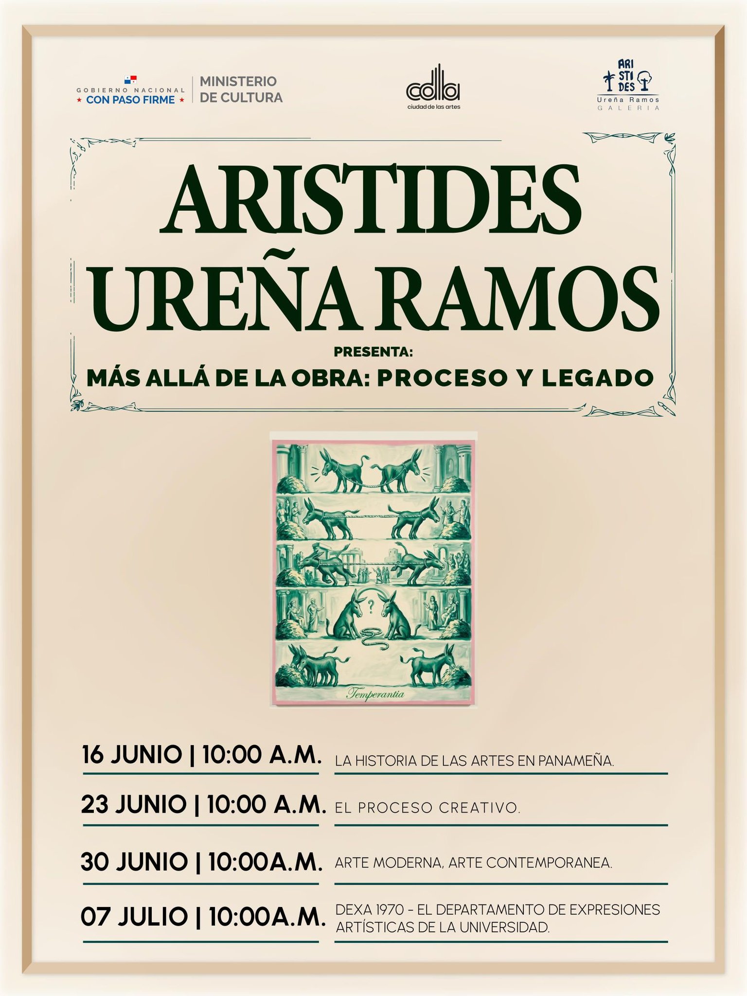 El próximo martes, 16 de junio, iniciamos una serie de 4 charlas que recorrerán diferentes situaciones en relación al sistema cultural panameño desde un ángulo que va MÁS ALLÁ DE LA OBRA. Analizaremos LOS PROCESOS Y SUS LEGADOS.
Estás invitado cada martes a LA CIUDAD DE LAS ARTES desde las 10.00 de la mañana. ¡La entrada es gratis!
Si eres educador, estudiante, amante de las Bellas Artes, aprovecha esta ocasión y regálate una hora dedicada a cultivar tu pasión por la belleza.