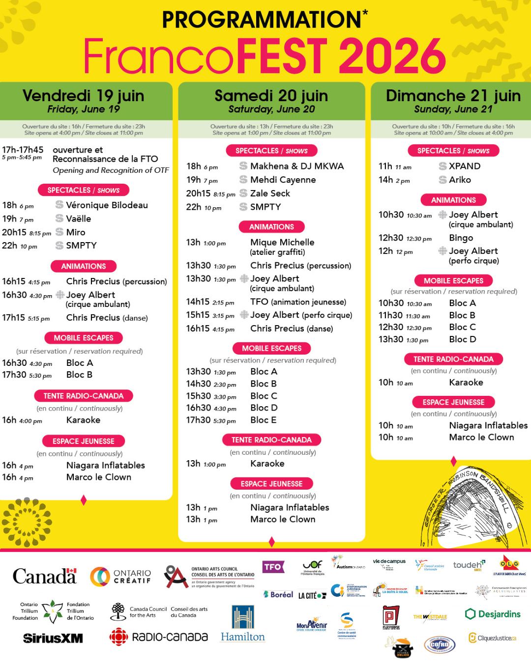 Qui monte sur scène ? Quelles activités attendent les enfants ? Où retrouver les ateliers, les kiosques et les animations ?
Retrouvez toute la programmation détaillée et organisez votre expérience FrancoFEST dès aujourd'hui.
👉 https://www.francofesthamilton.ca/horaire-d%C3%A9taill%C3%A9