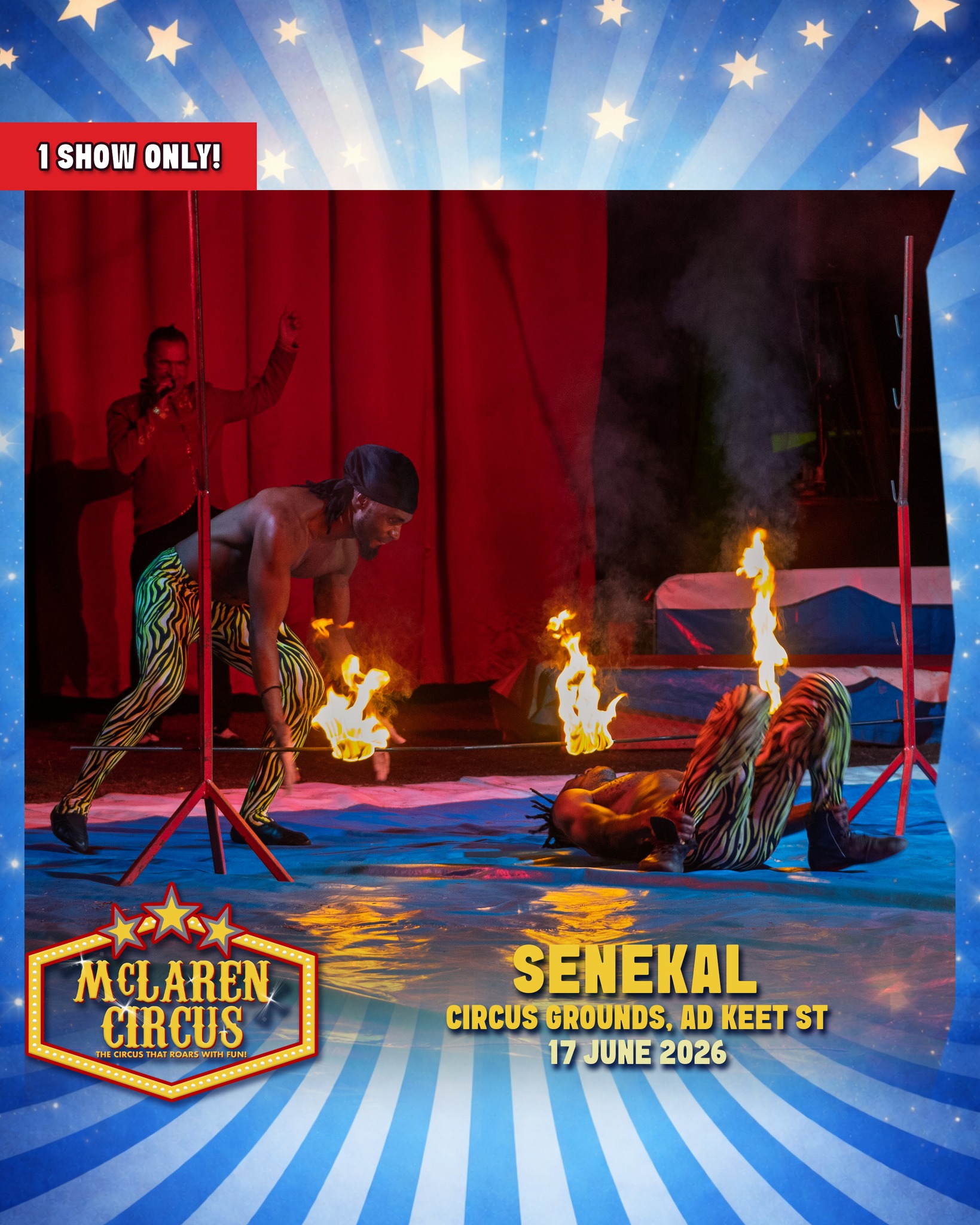 A quick stop in #Senekal to give you the magic of McLaren Circus🎪✨
Experience an unforgettable International Circus Spectacular, packed with thrilling action, breathtaking performances, and timeless circus magic for the whole family.
🗓️ SHOW TIMES:
• Wed, 17 Jun 2026 @ 6 PM
🎟️ Ticket Prices:
Back Chairs R175 | Side Chairs R195 | Raised Chairs R225 | Silver Ringside R250 | Gold Ringside R295
🎪 Ticket Office opens daily at 12 PM on show days
www.mclarencircus.co.za | WHATSAPP: http://wa.me/message/BGE2GJWJ5DLDC