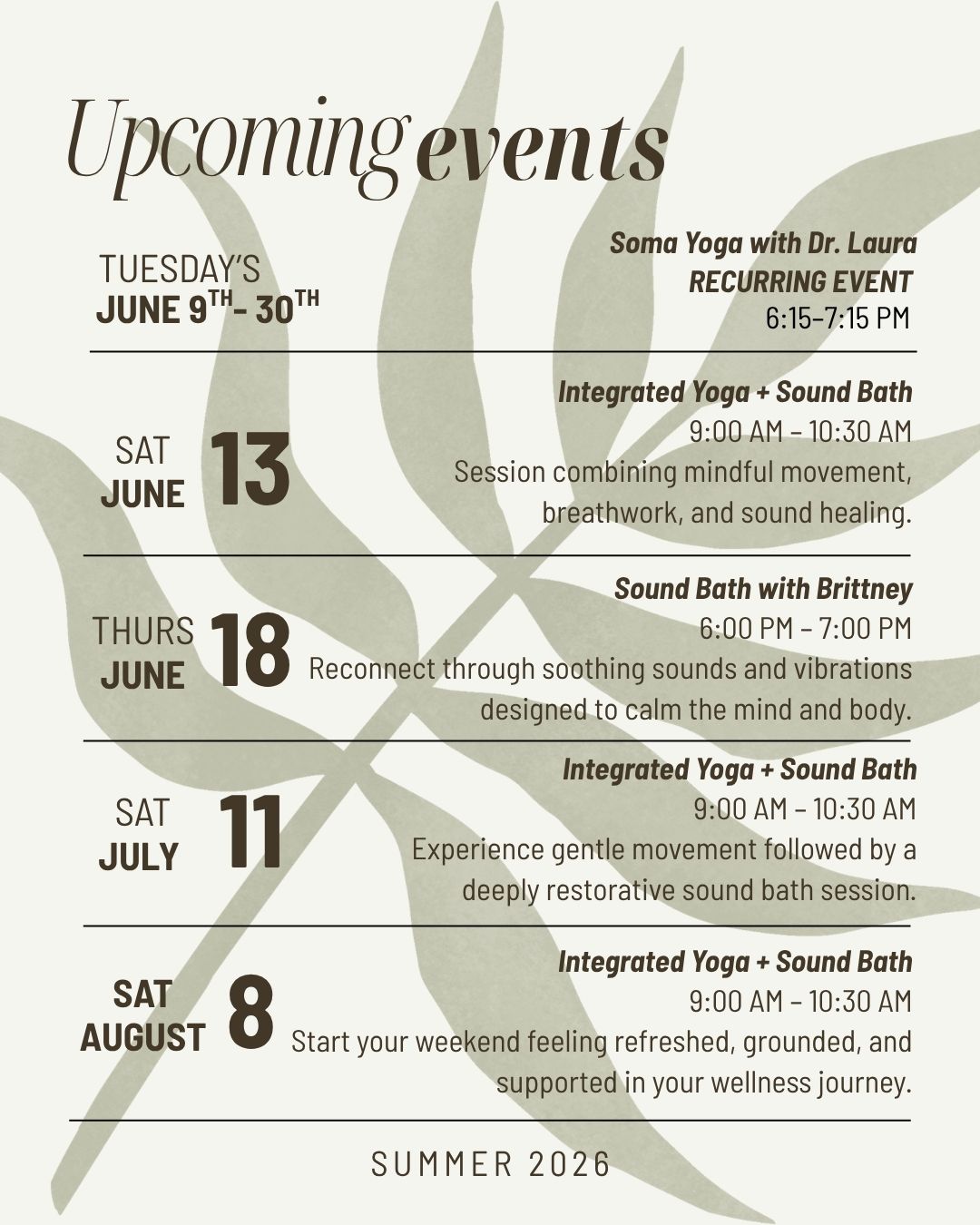 Looking for ways to slow down, reconnect, and prioritize your well-being this summer? We have several opportunities to support your mind and body in the months ahead.
Join Dr. Laura for weekly Soma Yoga sessions every Tuesday evening, or experience one of our Integrated Yoga + Sound Bath events designed to help you move, breathe, and unwind. We're also excited to offer a special Sound Bath with Brittney to help you relax, reset, and recharge.
Whether you're new to these practices or returning for another session, we'd love to have you join us this summer at THHC.
Visit our website or call the office to reserve your spot.