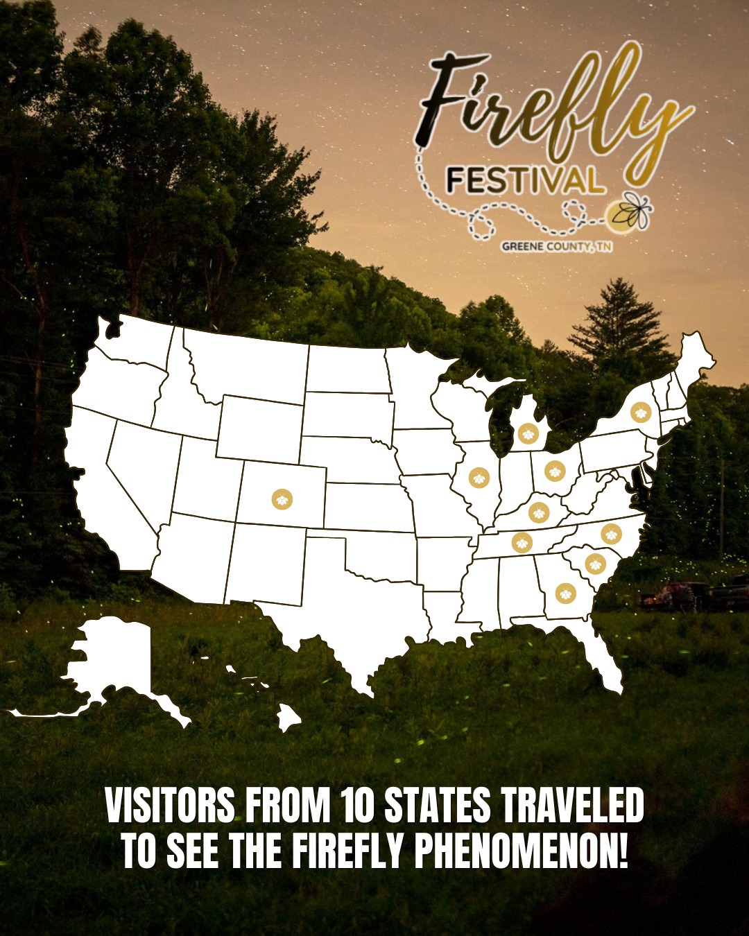 â¨What an incredible four nights in the Cherokee National Forest!â¨
The 3rd Annual Greene County Firefly Festival has come to a close, and we're still reflecting on the amazing experience shared on May 29â30 and June 5â6.
As darkness settled over the mountain, thousands of Synchronous fireflies filled the forest with their perfectly timed flashes, creating one of nature's most remarkable displays. At the same time, the elusive Blue Ghost fireflies drifted quietly through the woods, their steady glow adding an almost otherworldly atmosphere to the evening.
For those of us who call Greene County home, it's easy to overlook just how special this natural phenomenon really is. This year, visitors traveled from across the country to experience it firsthand. We welcomed guests from Tennessee, Colorado, Georgia, Illinois, Kentucky, Michigan, New York, North Carolina, Ohio, and South Carolina, and it's likely a few more states were represented as well.
Thank you to everyone who attended, volunteered, donated, and partnered with us to make this award winning event possible. Events like this are a reminder of how fortunate we are to have such extraordinary natural resources right here in our backyard.
Before we close the book on this year's festival, there is still one more opportunity to support the Friends of the Cherokee National Forest. The Illuminations Art Auction remains open for one more day. Featuring artwork inspired by the beauty of our mountains, forests, and fireflies, proceeds from the auction help support conservation and educational efforts throughout the Cherokee National Forest.
Place your bids here: https://go.rallyup.com/illuminations-2026-art-auction
Thank you again for making this year's festival such a success. We hope to see you next year!
