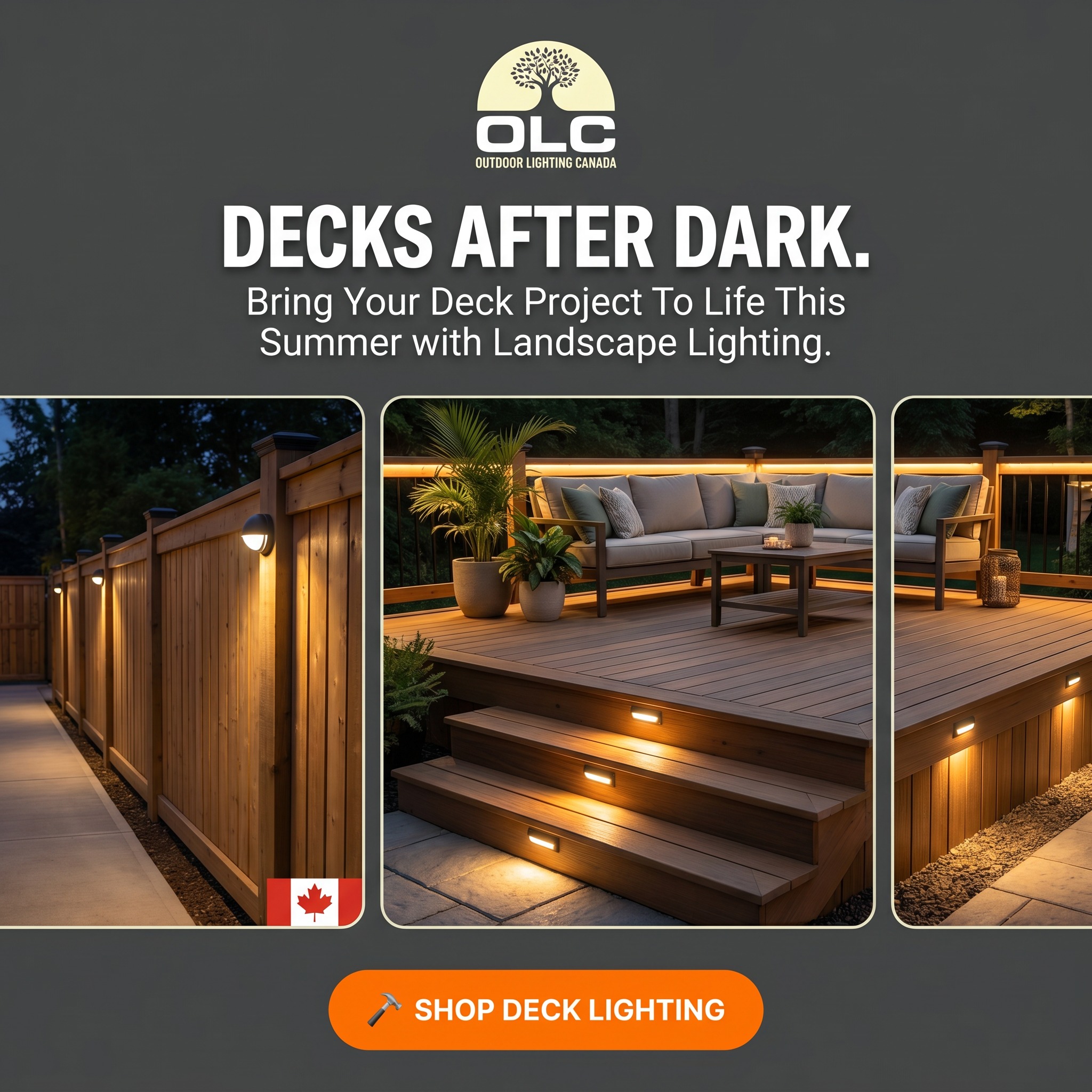 Outdoor Lighting Canada can transform your deck or fence into a warm, inviting outdoor living space with professional landscape lighting that highlights textures and creates a cozy evening ambiance. Enjoy improved safety and security with well-lit steps and pathways while increasing your home’s curb appeal and value. Easy to install and energy-efficient, quality lighting extends your entertaining hours and makes every night feel special.
-Free Shipping on all orders over $175
-Professional design and installation advice!
-Commercial Quality at wholesale pricing.
100% Canadian Owned and Operated.
#decklighting #Landscapelighting #diydeckingfurniture #deckdesign