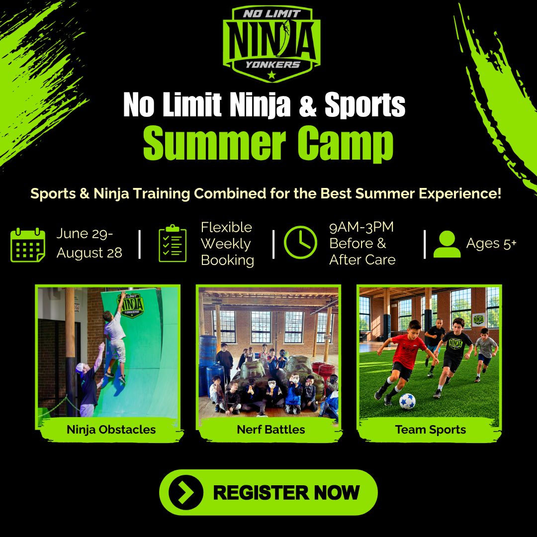 ☀️ Summer Camp is almost here!
Every camp day includes ninja obstacles, team sports, Nerf battles and plenty of opportunities to stay active, build confidence and make new friends.
📅 June 29-August 28
⏰ 9 AM-3 PM
✅ Flexible weekly booking
✅ Before & after care
👦 Ages 5+
Register now. Link in bio.
#NoLimitNinjaYonkers #SummerCamp #WestchesterSummerCamp #YonkersNY #WestchesterKids #NinjaCamp #SportsCamp #NerfBattles #SummerActivities #WestchesterParents #YonkersKids #SchoolBreakCamp