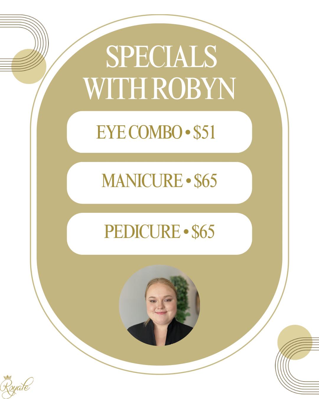 ✨ Specials with Robyn are here! ✨
Treat yourself to a little self-care with these limited-time offers:
✨Eye Combo • $51 (normally $69)
✨Manicure • $65 (normally $79)
✨Pedicure • $65 (normally $79)
Robyn also has appointments available this Saturday, making it the perfect time to squeeze in some pampering before the weekend is over! 💛
Click the link below to book online ⬇️
https://bookings.gettimely.com/royalebeautytherapy/book