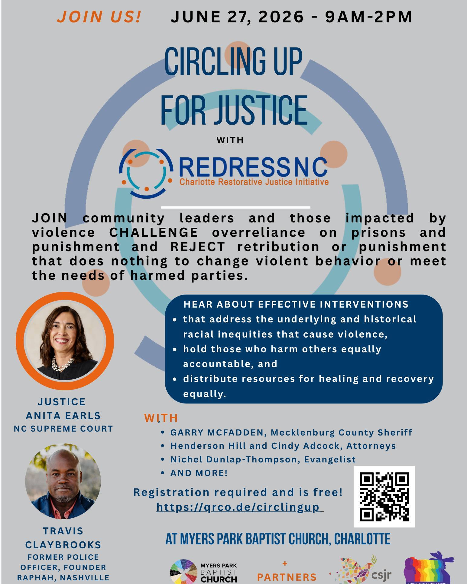 SAVE THE DATE!!
🔊Circling for Justice: Prioritizing Public Safety, Accountability and the Trauma of Survivors
Myers Park Baptist Church, Charlotte, NC
Saturday, June 27 • 9 AM - 2 PM
Overview
Join some of SCADP's partners (including NCCADP) in person to kick off the Charlotte Justice Initiative, a grassroots initiative of REDRESSNC, and learn how to make change together!
Welcome to the Charlotte Restorative Justice Initiative Introductory Conference
Join and explore a new model for responding to violence in our community.
Connect with innovative folks who care about making a positive impact and learn how REDRESSNC is shaking things up for the better. Whether you're curious or passionate, this conference is your chance to get involved, share ideas, and kickstart some awesome change towards restorative justice!
Contact Nichel Dunlap, Program Manager for more details.