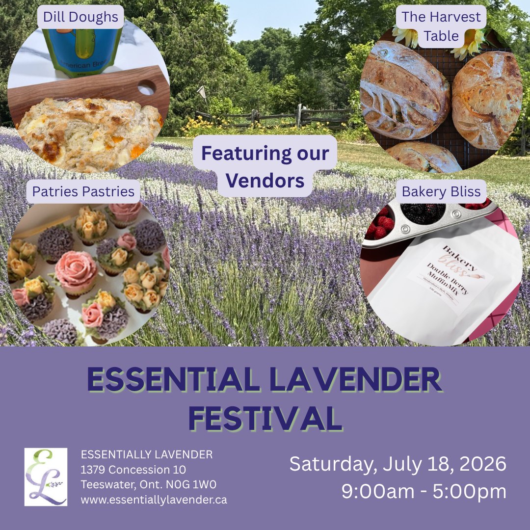 We will have some delicious bakery vendors at the Artisan Vendor Market at our Essential Lavender Festival on Saturday, July 18th. You can pick up your freshly made bread from The Harvest Table or delicious cupcakes and cookies from Patry's Pastries. If you want to do your own baking, we can make it simple for you. Pick up some bread mix from Dill Doughs or muffin, cake or scone mix from Bakery Bliss.
#blyth #bakerybliss #dilldoughsbreadmix #kincardine #theharvesttable #listowel #patrys_pastries #walkerton #essentiallavenderfestival #teeswater #artisanvendormarket #explorethebruce #southbrucecommunitybusinessassociation #lavenderfarm #brucegreysimcoe #lavenderfestival