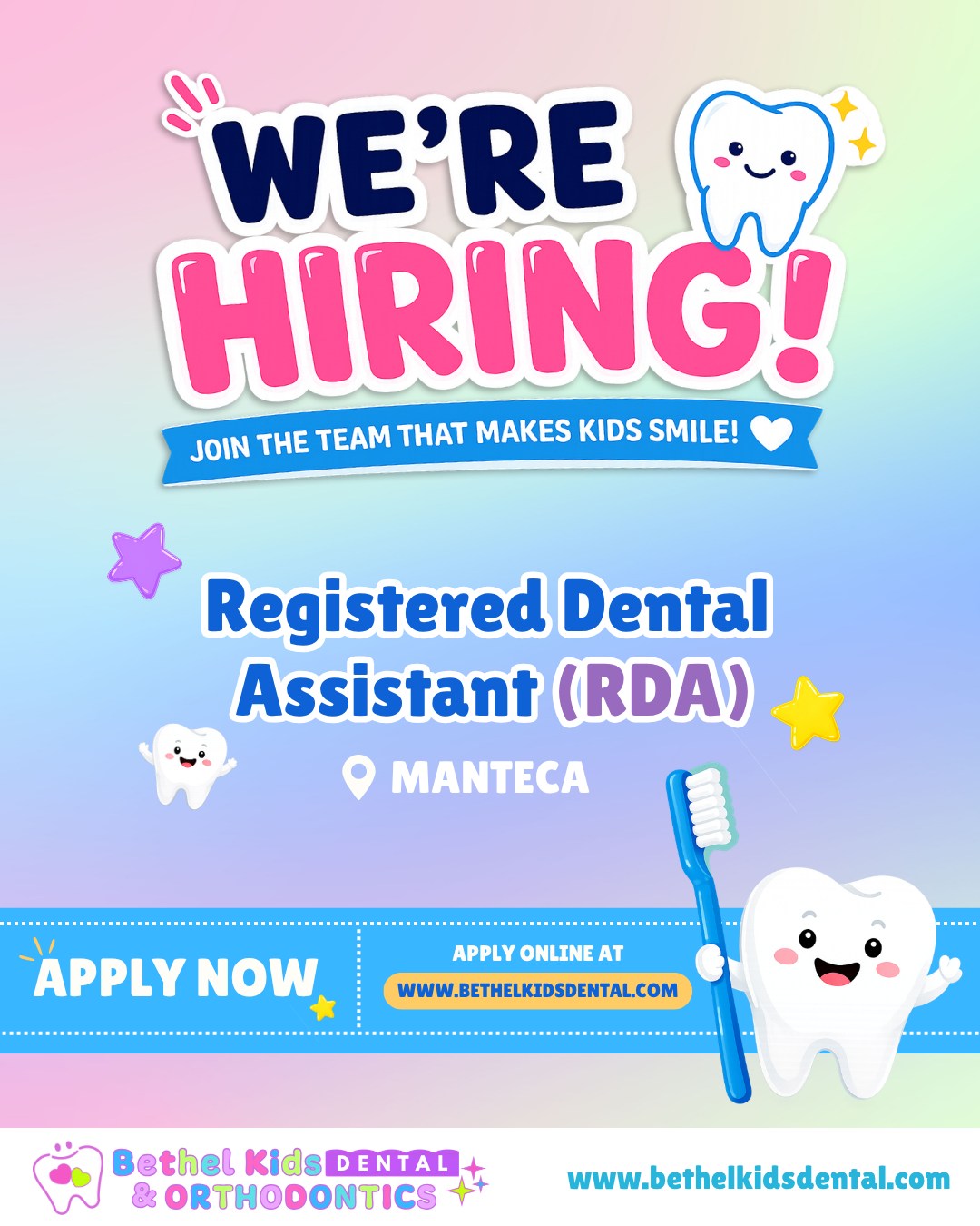 We're growing and we want YOU on our team! 🦷✨
We're looking for a Registered Dental Assistant (RDA) to join our Manteca location. If you love working with kids and want to be part of a team that truly makes a difference — this one's for you! 💙💚
📩 Apply now at www.bethelkidsdental.com
#NowHiring #RDA #RegisteredDentalAssistant #DentalJobs #DentalAssistant #BethelKidsDental #MantecaJobs #PediatricDentist #DentalCareers #JoinOurTeam #HiringNow #CaliforniaJob