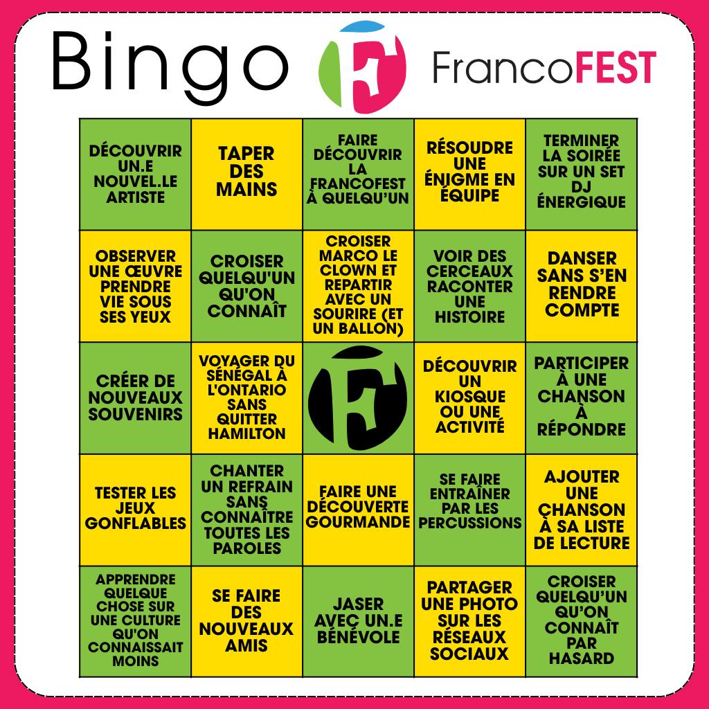 Dans une semaine, Gage Park s’anime!
On vous met au défi de vivre un maximum de moments pendant la FrancoFEST 2026 💚
👉 Combien de cases pensez-vous cocher cette année?
(Et oui… certaines cases vont se cocher toutes seules 😉)