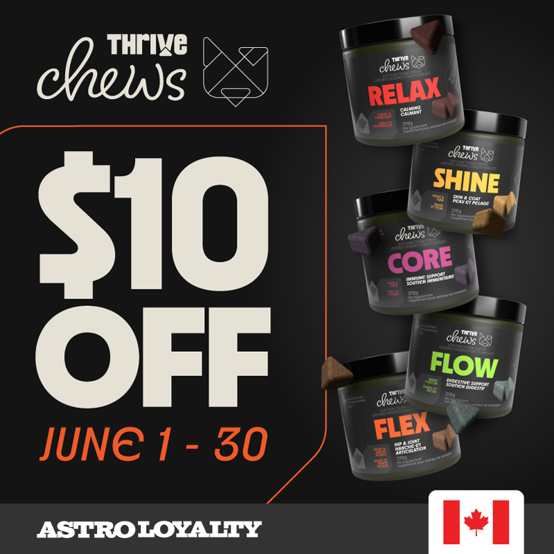 This Month Thrive Equipment Chews are $10 off and still qualify for Buy 12/13th Free!
Flow: supports digestion with probiotics.
Flex: is a hip & joint formula.
Shine: helps support a healthy skin & coat.
Relax: naturally can help with your dog's stress
Core: supports their immune system.
All Thrive Equipment chews are cold pressed and formulated for all life stages.
https://www.wildernessraw.com/thrivesupplements