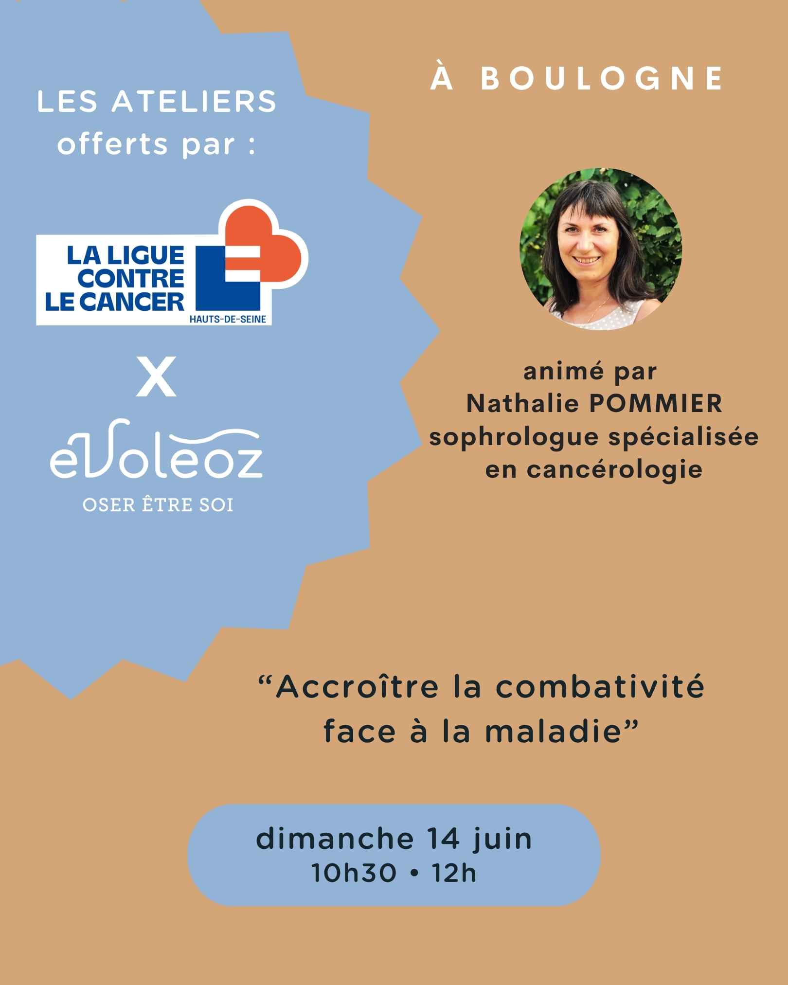 Nous abordons les derniers ateliers avant l'été, si vous êtes concerné.e venez profiter de l'atelier sophrologie offert par la @liguecontrelecancer92 et @evoleoz_oseretresoi Il sera animé par Nathalie Pommier, sophrologue spécialisée en cancérologie.
Cette séance, proposée pour les malades, permet de prendre conscience de sa capacité d’éliminer l’anxiété grâce à la sophrologie en utilisant des souvenirs positifs que l’on a tous en nous. Les exercices et sophronisations réalisés seront adaptés à tous en fonction de l’état physique et mental des participant(e)s.
📍 Lieu de l'atelier : Évoléoz Boulogne - 73 rue Marcel-Dassault 92100 Boulogne-Billancourt
👉 Information / inscription : Léa Besson à la Ligue contre le cancer des Hauts-de-Seine
Lea.Besson@ligue-cancer.net - 06 80 24 40 52 ou
Christel Bellier chez Évoléoz : contact@evoleoz.fr - 06 80 25 09 59
Voir moins