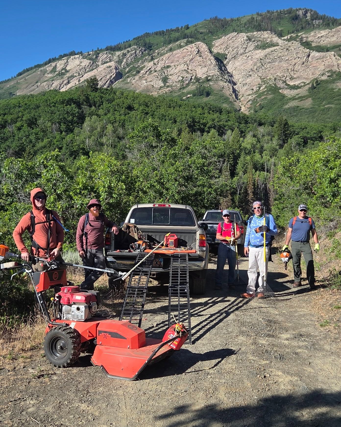 Spork Trail is trimmed! 🌿✂️
8 guys, 8am to 6pm, 2 brush-hogs, 3 hedge trimmers, and a whole lot of raking. It took way longer than expected, but we got it done — Spork got the trimming it desperately needed. Get out and ride it!
Big thanks to our 4 EVT crew members and the 4 volunteers who showed up and put in a full day's work today — couldn't do it without you! 🙌
Now we've only got ~15 more miles of trimming at North Fork and 🤷 everywhere else in and around Ogden Valley. Gonna be a long summer 😄