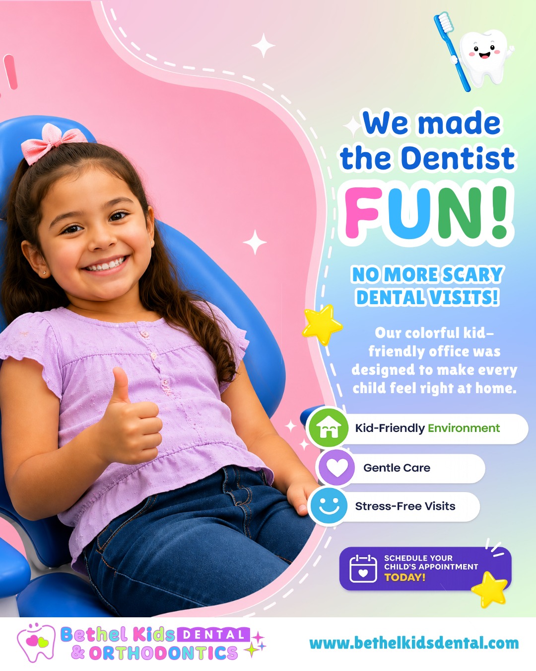 😁 Who says the dentist has to be scary? Not us! ✨
At Bethel Kids Dental & Orthodontics, we've created a colorful, kid-friendly space where your little one can feel relaxed, safe, and even excited about their visit! 🌈
From gentle care to stress-free appointments — we do dentistry differently, and your child deserves nothing less. 💜
📅 Schedule your child's appointment TODAY!
👉 https://bit.ly/BethelKidsDentalBooking
📍 Lodi | 📍 Manteca | 📍 Sacramento
#BethelKidsDental #KidsDentist #PediatricDentistry #StressFreeDentist #KidFriendly #GentleCare #DentalFun #KidsSmile #BethelOrthodontics #HealthySmiles #DentistForKids #NoMoreDentalFear