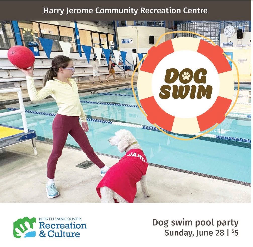 Not strictly a "kids" thing, but too good not to share. 🐾
NVRC is hosting a dog swim pool party at Harry Jerome — Sunday, June 28, $5/dog, proceeds to the SPCA. One last splash before the old pool closes for good.
Swim times by size:
Small dogs: 4:45-5:30pm
Medium dogs: 6-6:45pm
Medium/large dogs: 7:15-8pm
Tag a North Shore dog parent who needs to see this 🐕
🎨 Graphic & photo: @nvrc
Register via NVRC — link in bio (calendar section)
#familyfun #northvancouver #northshoreevents #nskidsbc #kidsofvancouver #northshorekids #vancouverfamilies #dogsofnorthvan #northvandogs