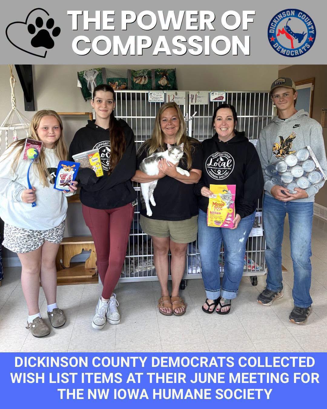 What a great day at HSNWIA! 🐾
We are incredibly grateful to the Dickinson County Iowa Democrats for their generous donation of wishlist items, helping us care for the animals in our shelter. We were also honored to receive a generous gift to our Trap Neuter Return program in memory of our friend, Mary Erickson.
Today also brought a happy adoption as one of our kittens found a forever home, and we welcomed a wonderful volunteer group from Acuity Insurance who spent the day walking dogs, helping with chores, and providing enrichment for our animals.
Thank you to everyone who supports our mission. We couldn't do this without our amazing community! We are going to bed tonight with very full hearts. ❤️