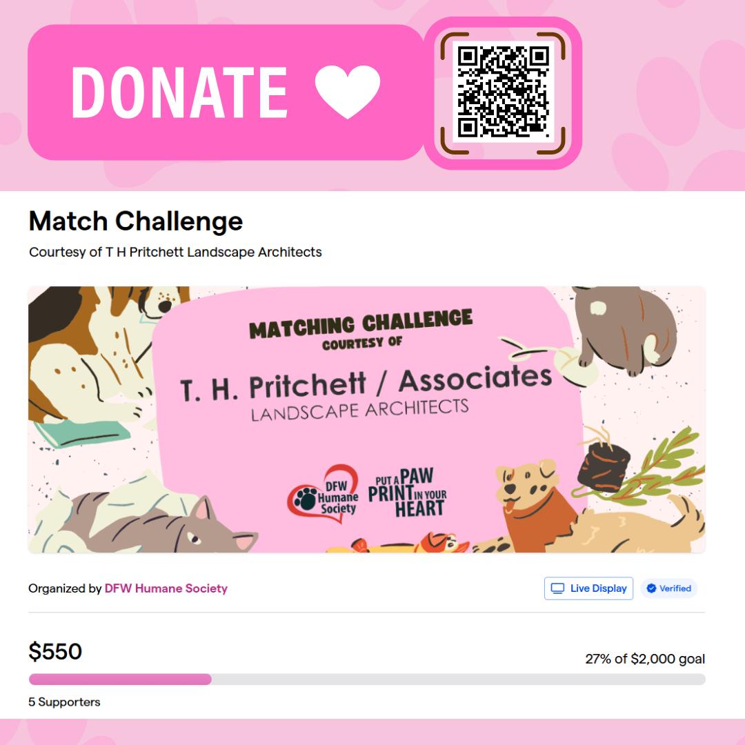 We're off to a great start! 🐾🎉 Thanks to your generosity, we've already raised $950 toward our Matching Fund Challenge- bringing us to 47% of our goal! 💛
A huge thank you to everyone who has donated so far. Remember, thanks to our generous matching donor T H Landscape Architects, every gift is being doubled until we unlock the full match. Let's keep the momentum going and help even more shelter pets in need! 🐶🐱✨
🔗givebutter.com/match-challenge-DFWHS