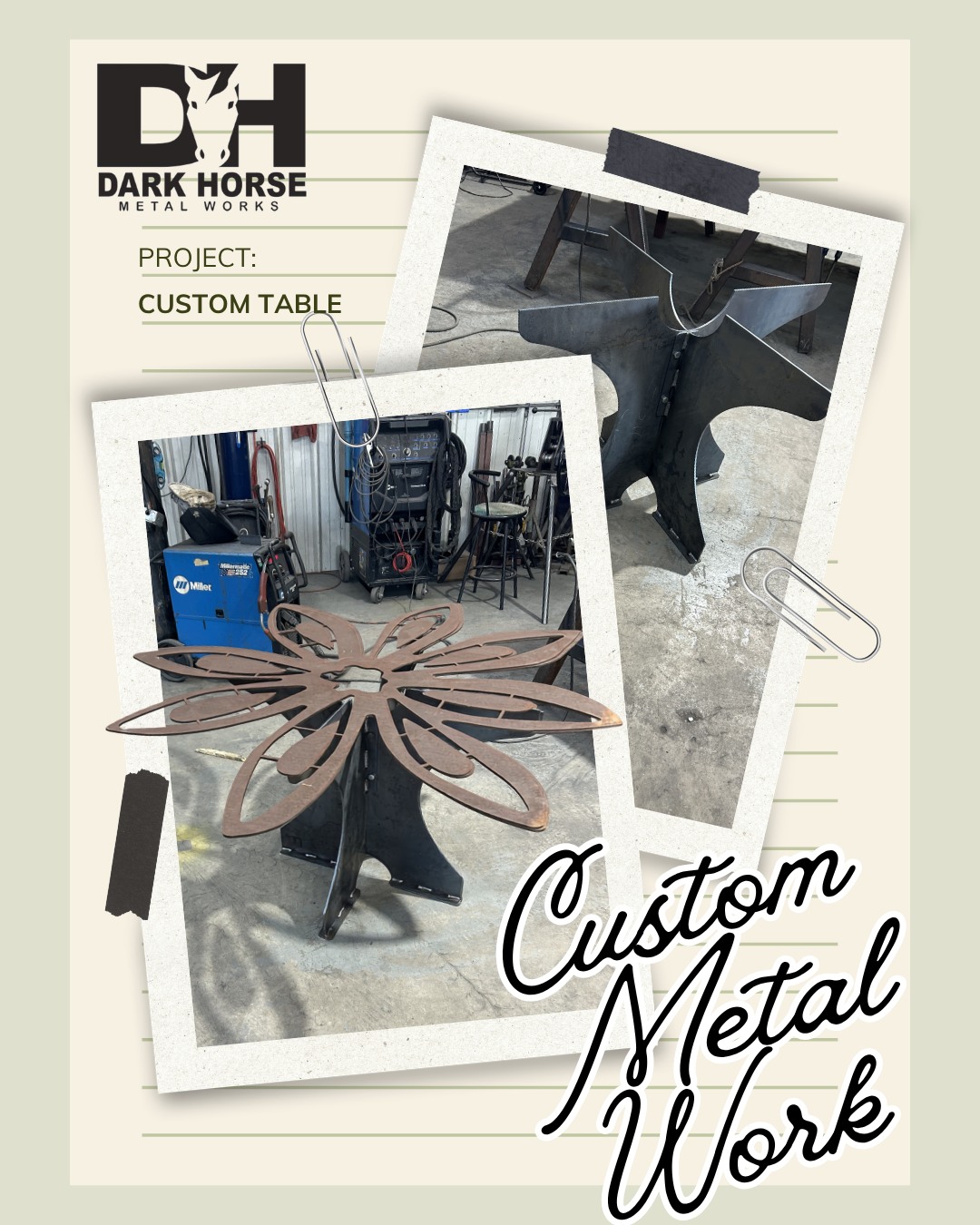 We can help you design the perfect metal fixture to fit your space. We love this unique custom-fabricated table design for a local Granbury business client. Contact us or learn more at www.darkhorsemetalworks.com
#supportyourlocalwelder #granburytx #weldingandfabrication #customfurniture #customfabrication