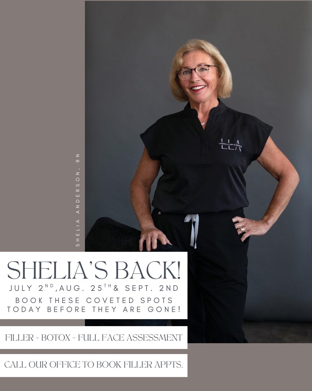 Don’t worry, Shelia is coming back! 💉🗓️
We get Certified Aesthetic Nurse Specialist Shelia Anderson, RN-MSN for a few more days this summer and early fall - if you’re due for a touch up, retreat or have been holding out waiting for her to be back, schedule your appointment today!
Call our office or click the link in our bio to book with Shelia before her next appointments fill up 🗓️✨🔗 #allergan #medspa