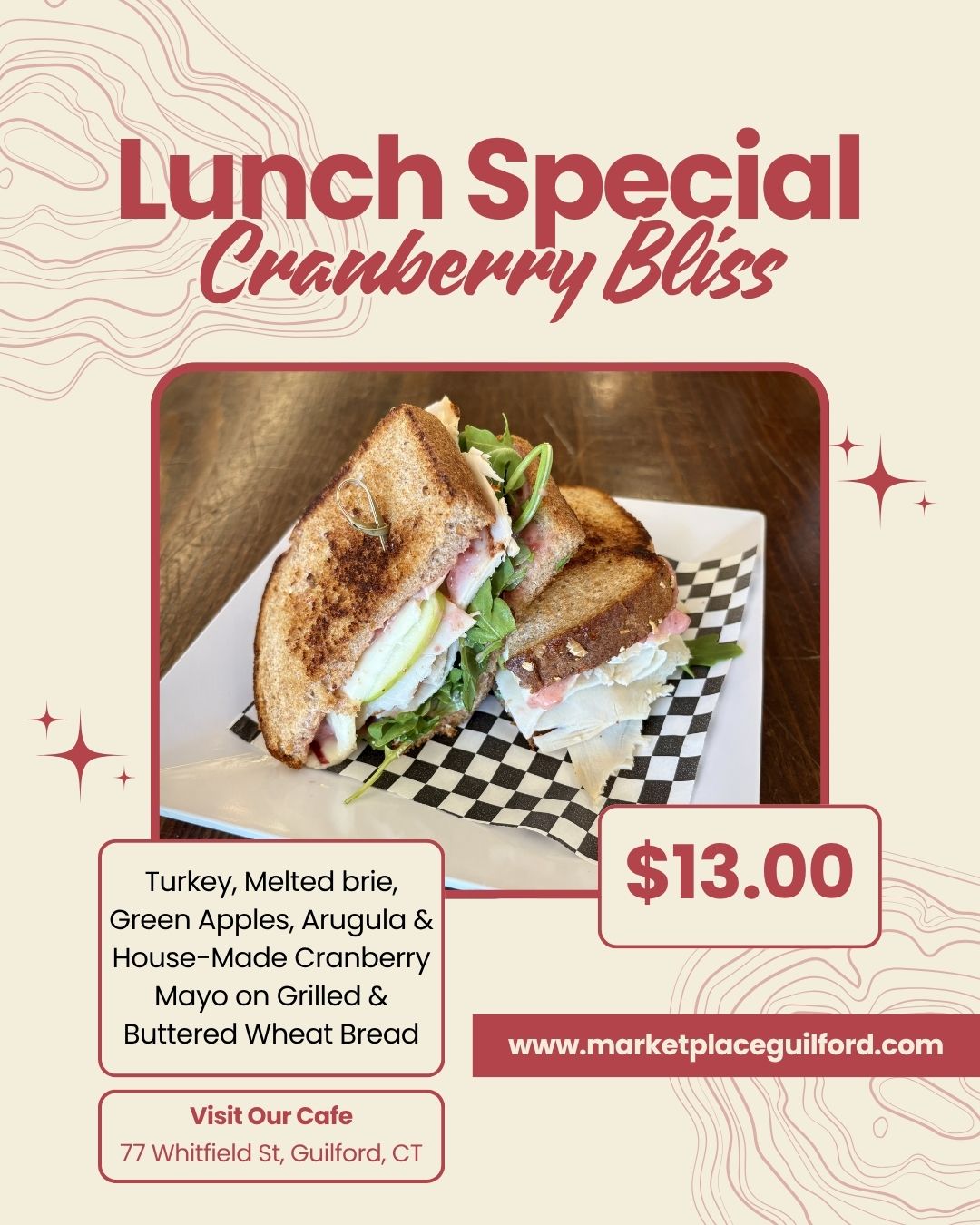 Summer never tasted better! Enjoy our new weekly deli special “Cranberry Bliss" featuring Turkey, Melted brie, Green Apples, Arugula & House-Made Cranberry Mayo on Grilled & Buttered Wheat Bread (add fries for $4!).
Order online or in person, available all week
📍77 Whitfield St, Guilford, CT 06437
#lunchspecial #thisisguilford #lunchinguilford #yourmarketyourplace #CommunityStrong #guilfordgreen #guilfordbrunch #cranberrybliss #summerlunchspot #summerspecial☀️