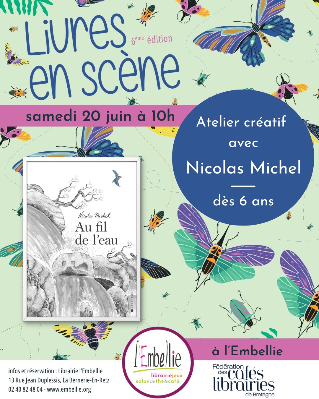 Le samedi 20 juin à 10H, nous recevons @nicolas.k.a.michel pour un atelier créatif autour de son album : Au fil de l'eau !
Nicolas Michel vous présentera son album grâce à un quiz. Puis, crayons en main, ce sera à vous de créer une œuvre collective qui représente une rivière, sa faune et sa flore, et où chaque trait même minuscule pourra influencer son cours.
Réservation conseillée, inscription gratuite
Dès 6 ans
Durée : 1H30
Merci à la @fede.cafeslibrairiesbretagne de rendre ce moment possible 😊