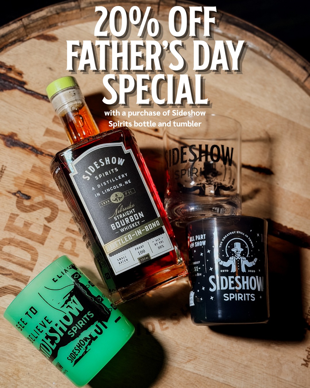 Father's Day just got a little stronger. 💪 Pick up a Sideshow Spirits bottle and tumbler and take 20% off your purchase.