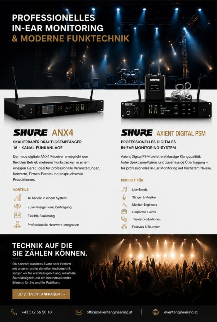 Professionelle In-Ear Monitoring & Moderne Funktechnik 🎧🎤🎙️
Ob Konzerte, Business Events oder Festival mit unserem professionellen Audioequipment sorgen wir für erstklassigen Klang, maximale Zuverlässigkeit und ein beeindruckendes Erlebnis für Sie und Ihr Publikum,
Technik auf die Sie zählen können. 💪
https://eventshop.tirol/collections/audio
#eventshop #tirol #fantasyevents #fantasy #topservice #professionell #zuverlässig #eventengineering #eventtechnik #eventengineering #sound #audio #shure #funktechnik #audioequipment