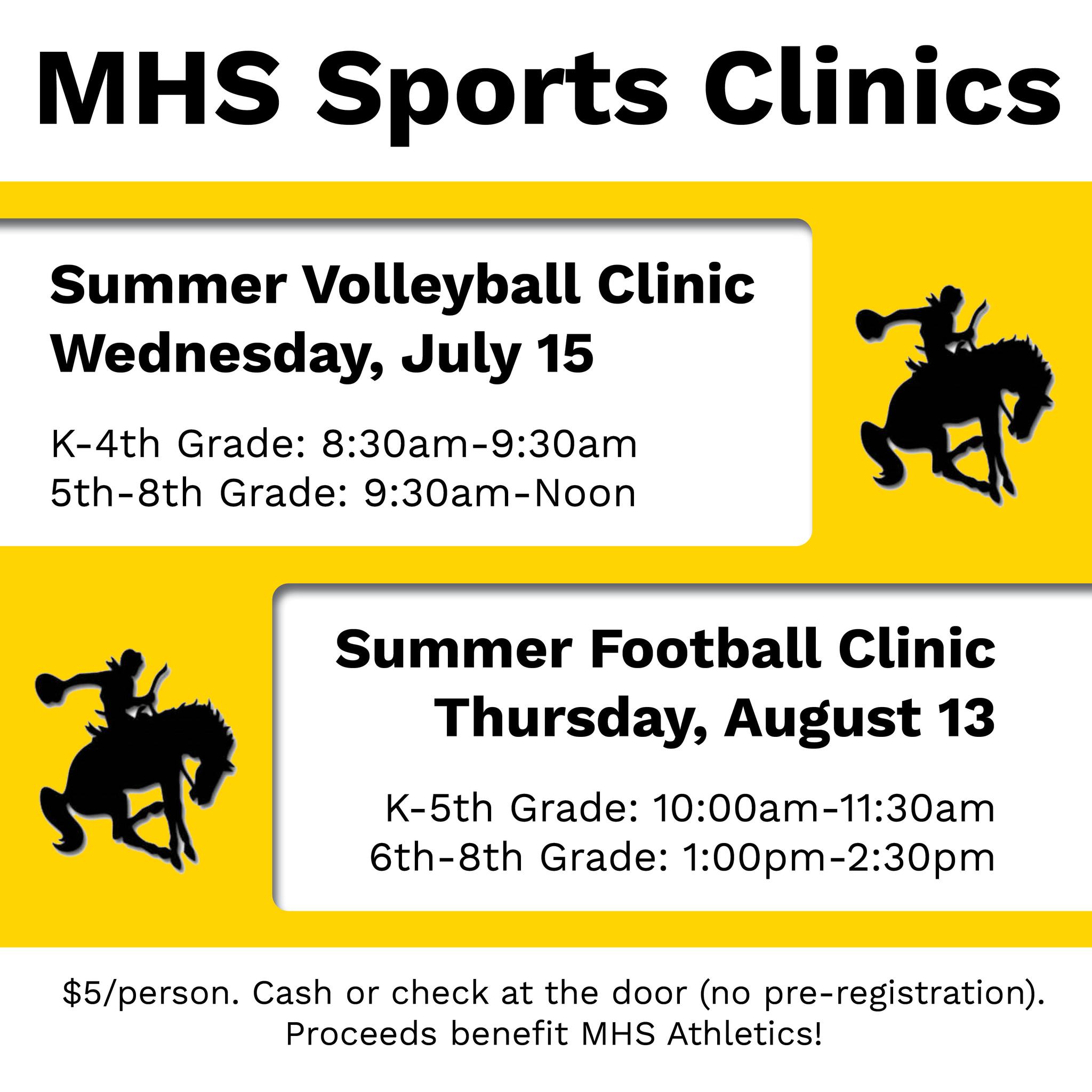 Don't forget about the Summer Volleyball Clinic this Wednesday! Bring $5 cash or check. All proceeds benefit MHS Athletics. 🖤💛